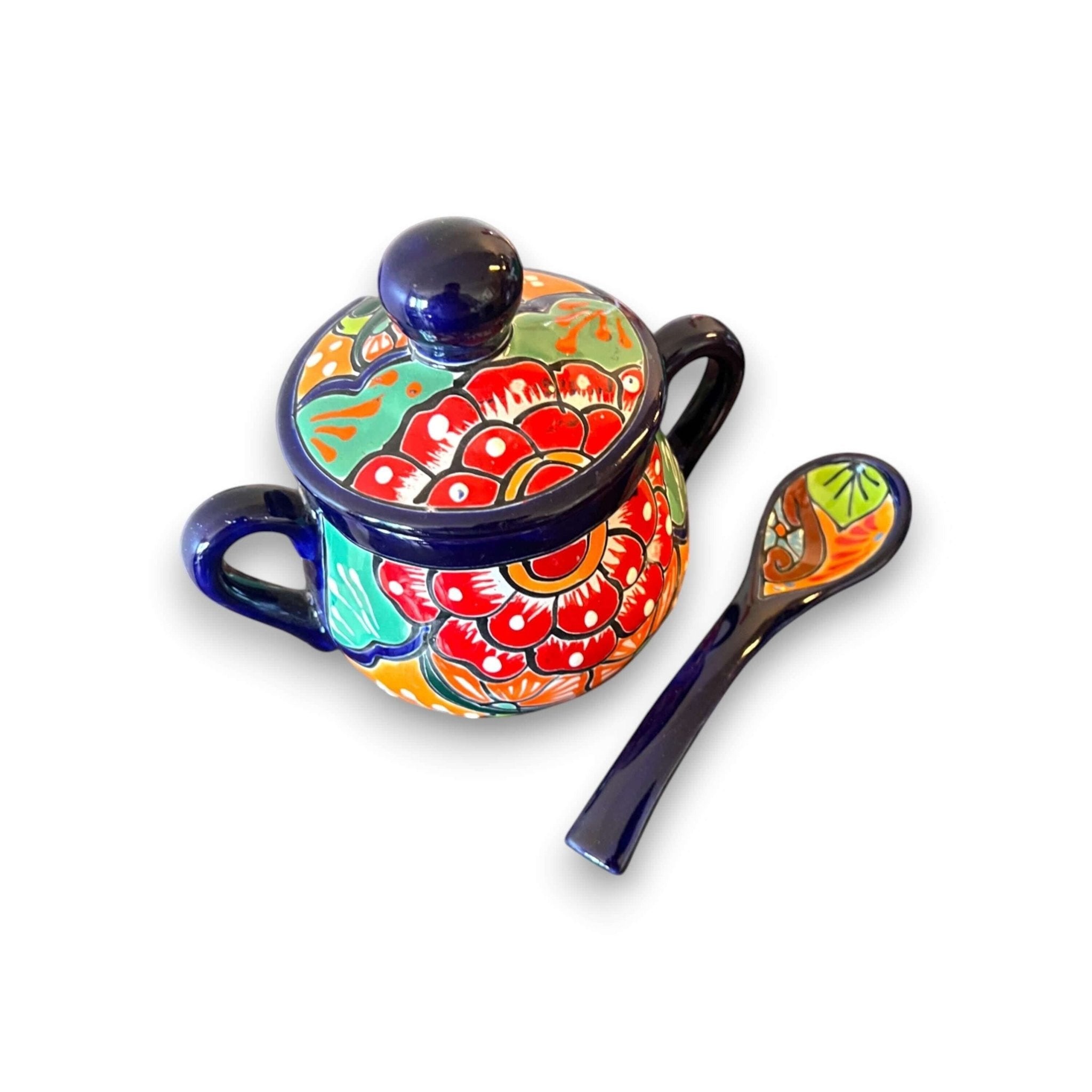 Colorful Talavera Sugar Jar with Spoon | Mexican Pottery Art Talavera Sugar Jar La Vie Bien Colorful Talavera Sugar Jar with Spoon | Mexican Pottery Art