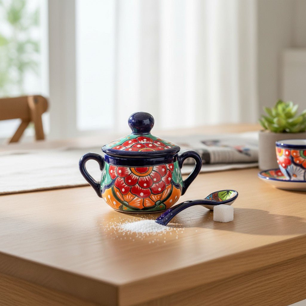 Colorful Talavera Sugar Jar with Spoon | Mexican Pottery Art Talavera Sugar Jar La Vie Bien Colorful Talavera Sugar Jar with Spoon | Mexican Pottery Art
