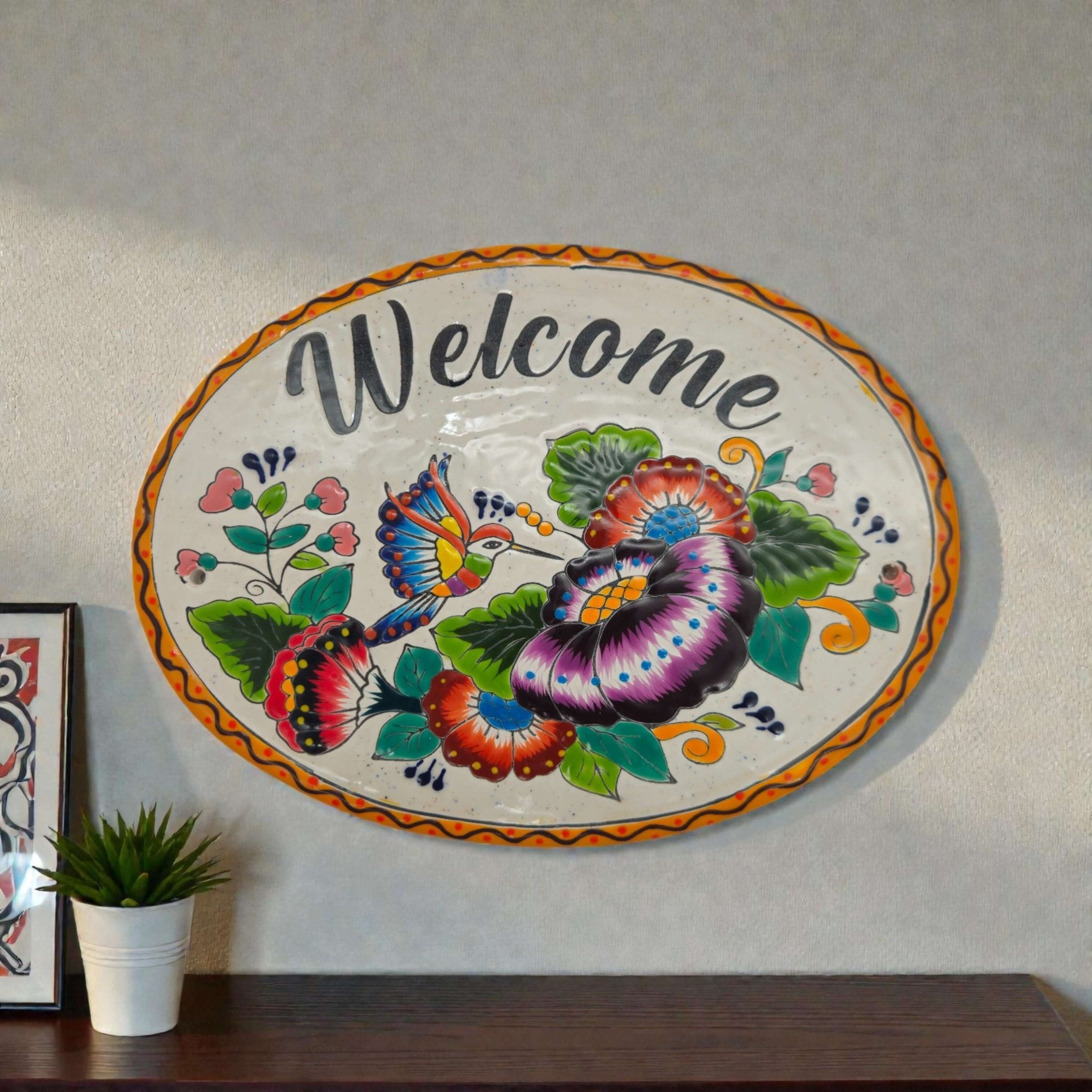 Colorful Talavera Welcome Plaque | Hand - Painted Wall Sign Mexican Key Holder La Vie Bien Colorful Talavera Welcome Plaque | Hand - Painted Wall Sign