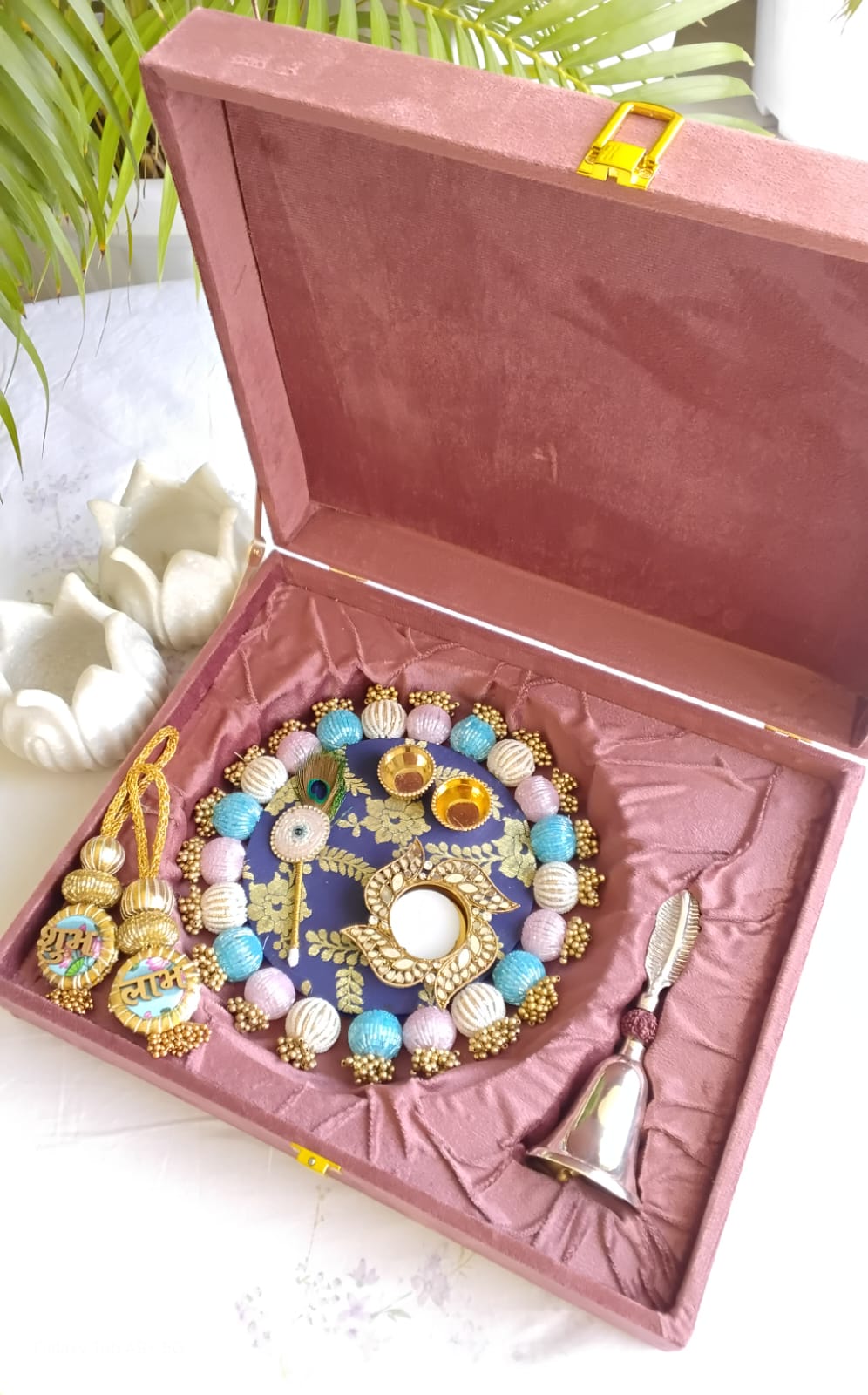 Combo in Gift Box - Haldi Kumkum Platter with Diya, Bell & Shubh Labh - Wedding/Housewarming Gift La Vie Bien Combo in Gift Box - Haldi Kumkum Platter with Diya, Bell & Shubh Labh - Wedding/Housewarming Gift