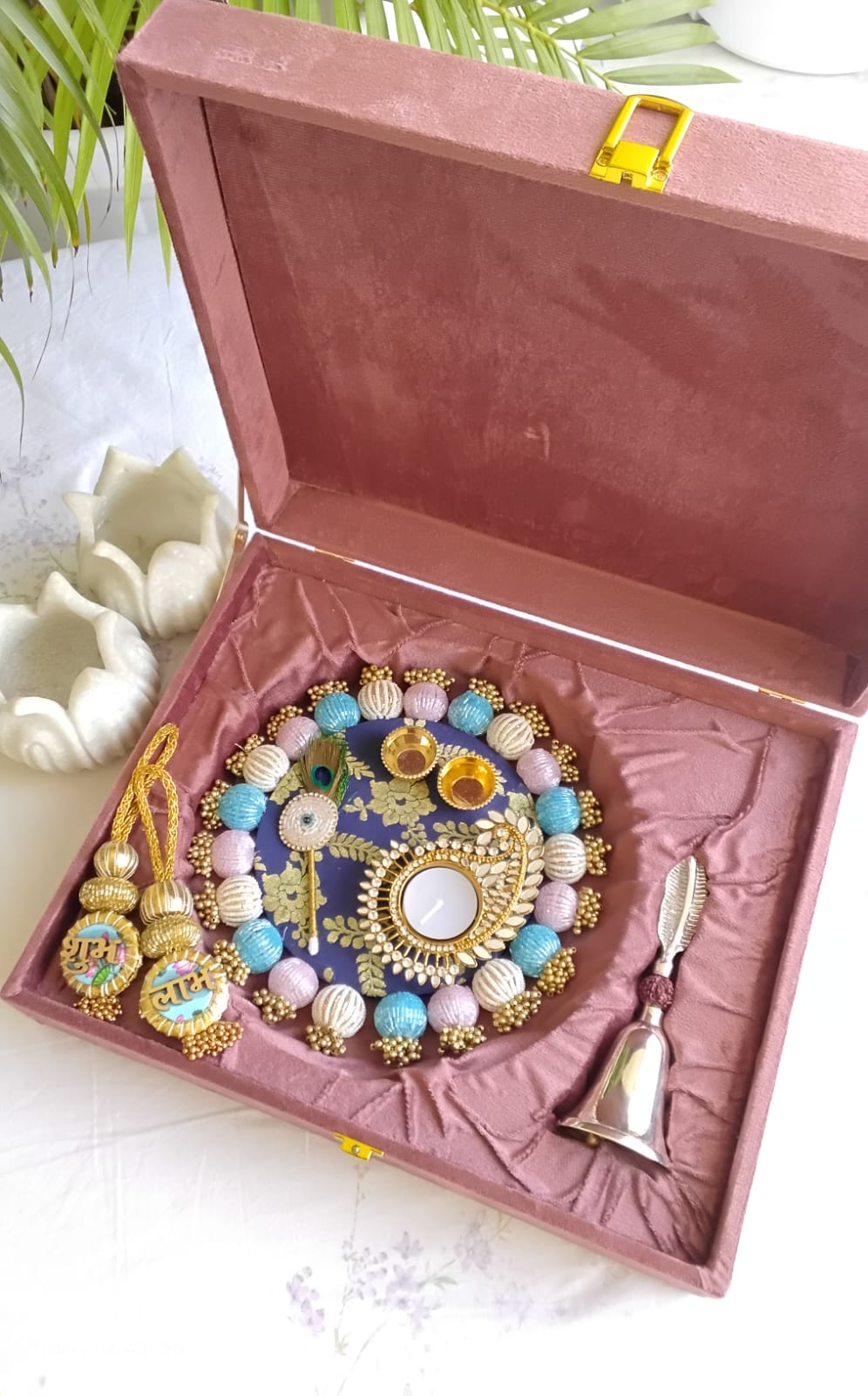 Combo in Gift Box - Haldi Kumkum Platter with Diya, Bell & Shubh Labh - Wedding/Housewarming Gift La Vie Bien Combo in Gift Box - Haldi Kumkum Platter with Diya, Bell & Shubh Labh - Wedding/Housewarming Gift