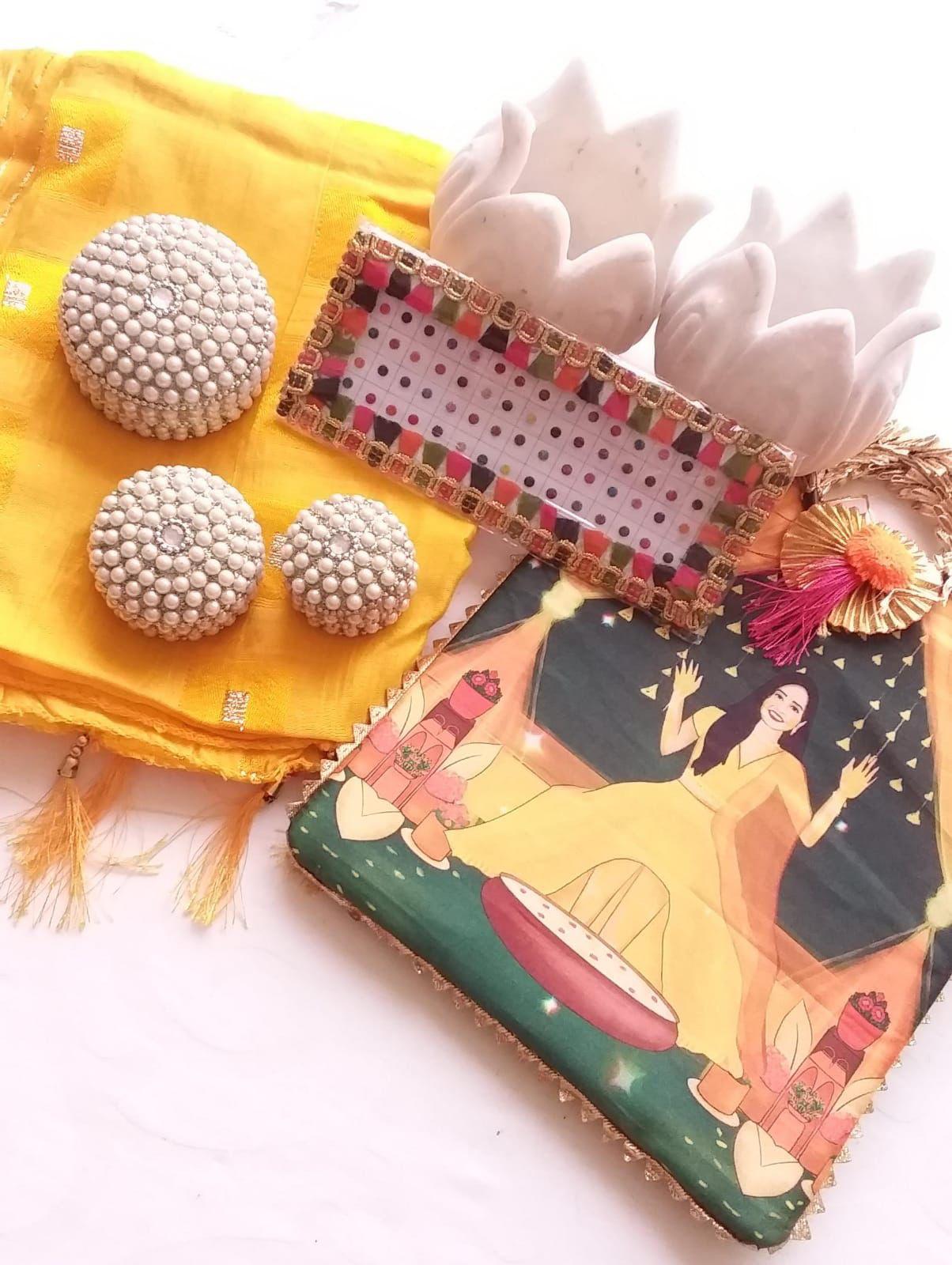 Combo of Bag, Mulmul Duppata, Moti Dabbi Set of 3 & Bindi (Assorted) for Haldi Ceremony Return Gift Favors & Return Gifts La Vie Bien Combo of Bag, Mulmul Duppata, Moti Dabbi Set of 3 & Bindi (Assorted) for Haldi Ceremony Return Gift