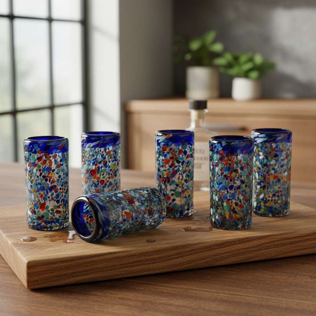 Confetti Double Shot Glass | Hand Blown Mexican Blue Rim Mexican Shot Glass La Vie Bien Confetti Double Shot Glass | Hand Blown Mexican Blue Rim
