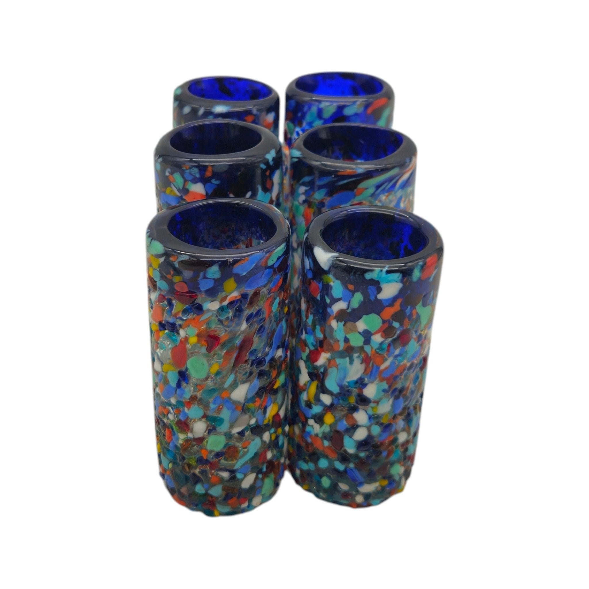 Confetti Double Shot Glass | Hand Blown Mexican Blue Rim Mexican Shot Glass La Vie Bien Confetti Double Shot Glass | Hand Blown Mexican Blue Rim