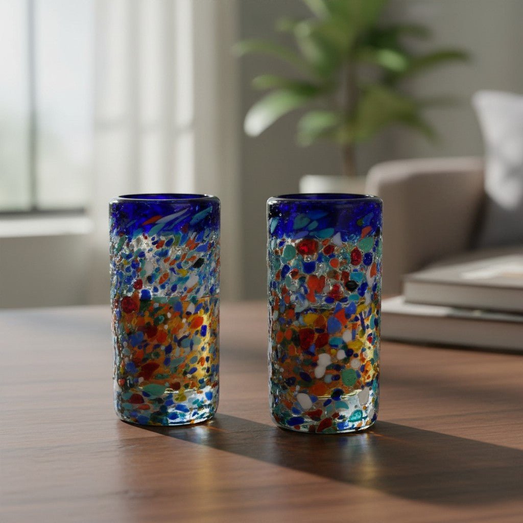 Confetti Double Shot Glass | Hand Blown Mexican Blue Rim Mexican Shot Glass La Vie Bien Confetti Double Shot Glass | Hand Blown Mexican Blue Rim
