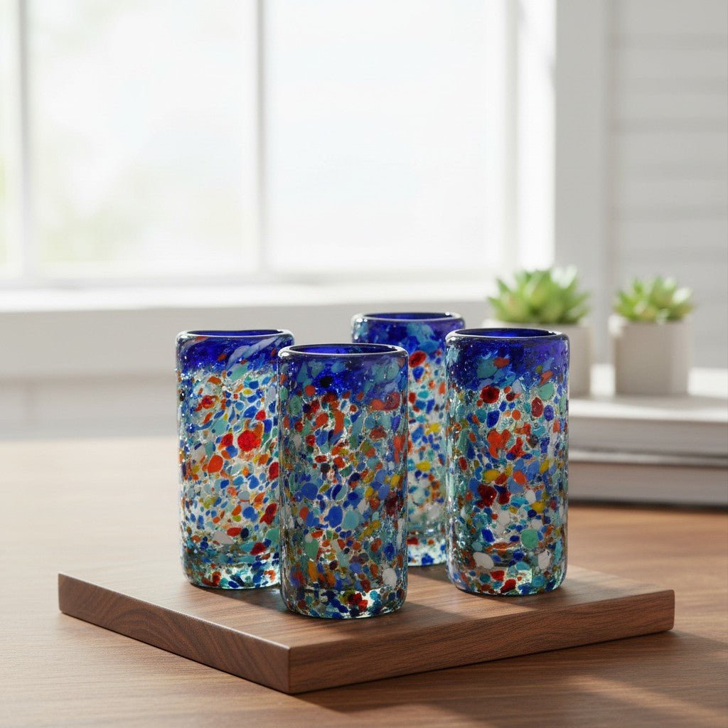 Confetti Double Shot Glass | Hand Blown Mexican Blue Rim Mexican Shot Glass La Vie Bien Confetti Double Shot Glass | Hand Blown Mexican Blue Rim