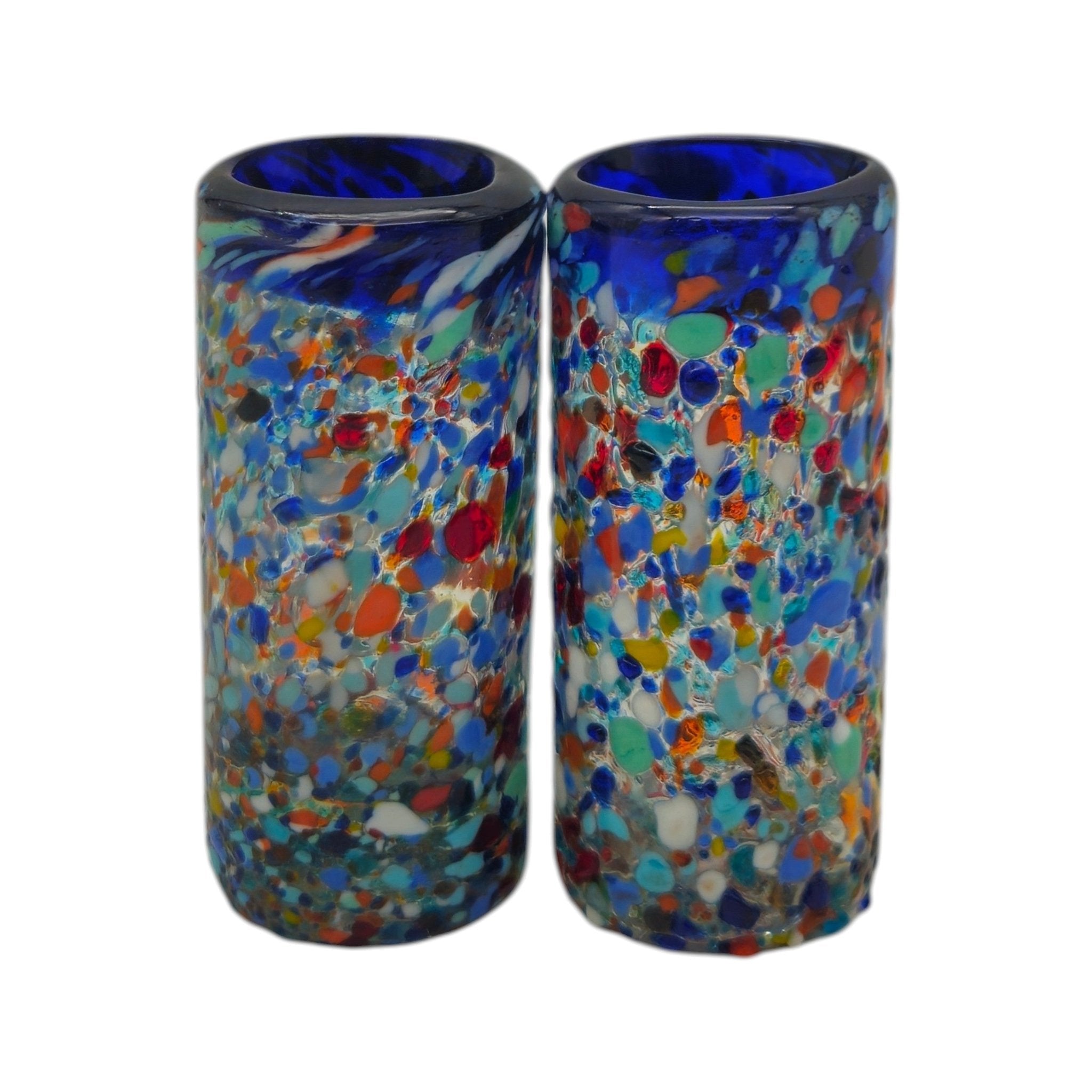 Confetti Double Shot Glass | Hand Blown Mexican Blue Rim Mexican Shot Glass La Vie Bien Confetti Double Shot Glass | Hand Blown Mexican Blue Rim