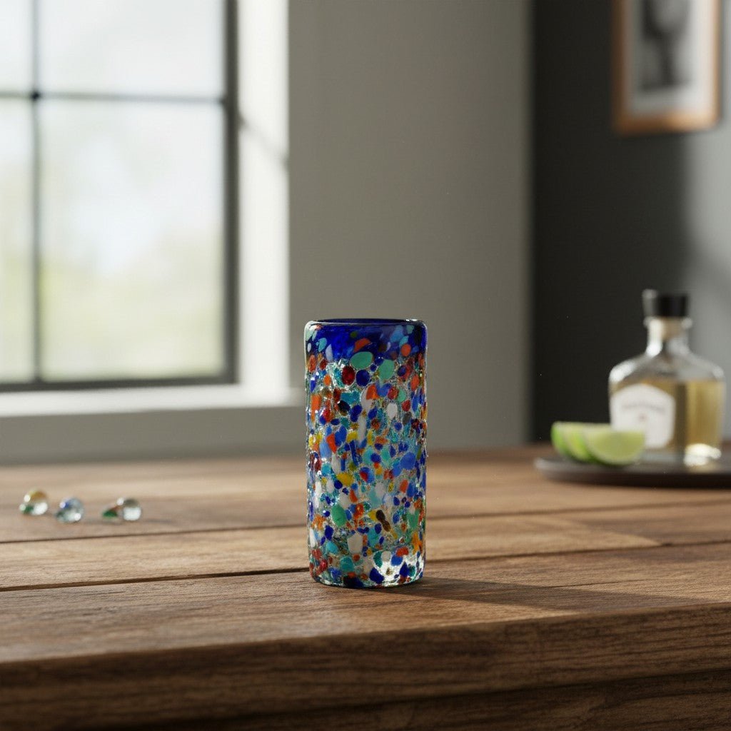 Confetti Double Shot Glass | Hand Blown Mexican Blue Rim Mexican Shot Glass La Vie Bien Confetti Double Shot Glass | Hand Blown Mexican Blue Rim