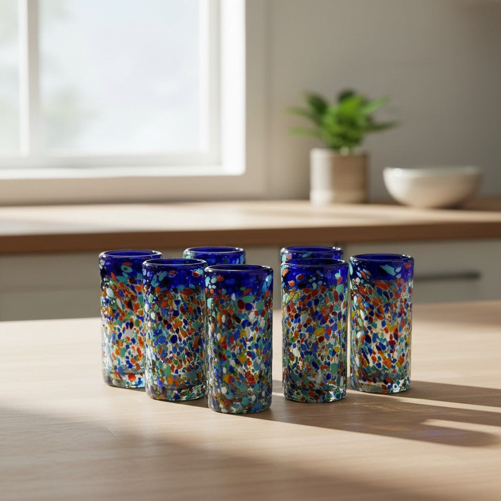 Confetti Double Shot Glass | Hand Blown Mexican Blue Rim Mexican Shot Glass La Vie Bien Confetti Double Shot Glass | Hand Blown Mexican Blue Rim