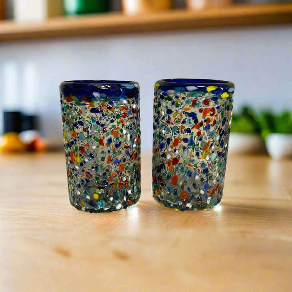 Confetti Pebbled Glass | Blue Rim Hand - Blown Mexican Tumbler Mexican Drinking Glass La Vie Bien Confetti Pebbled Glass | Blue Rim Hand - Blown Mexican Tumbler