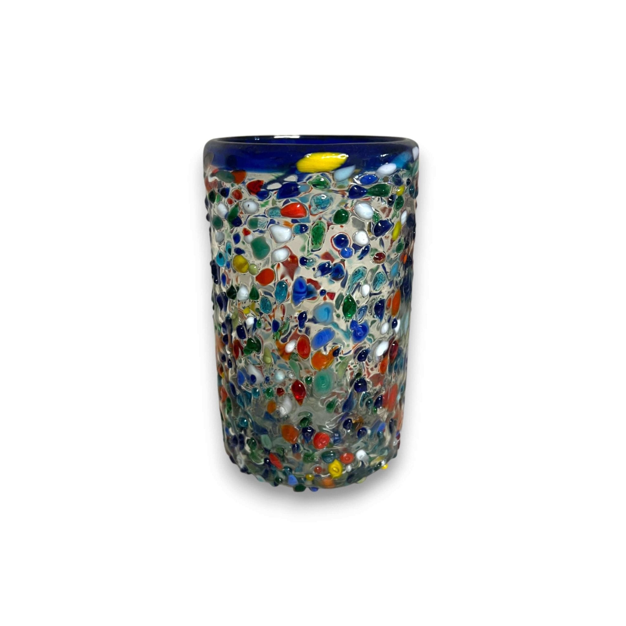 Confetti Pebbled Glass | Blue Rim Hand-Blown Mexican Tumbler Mexican Drinking Glass La Vie Bien Confetti Pebbled Glass | Blue Rim Hand-Blown Mexican Tumbler