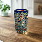 Confetti Pebbled Glass | Blue Rim Hand - Blown Mexican Tumbler Mexican Drinking Glass La Vie Bien Confetti Pebbled Glass | Blue Rim Hand - Blown Mexican Tumbler
