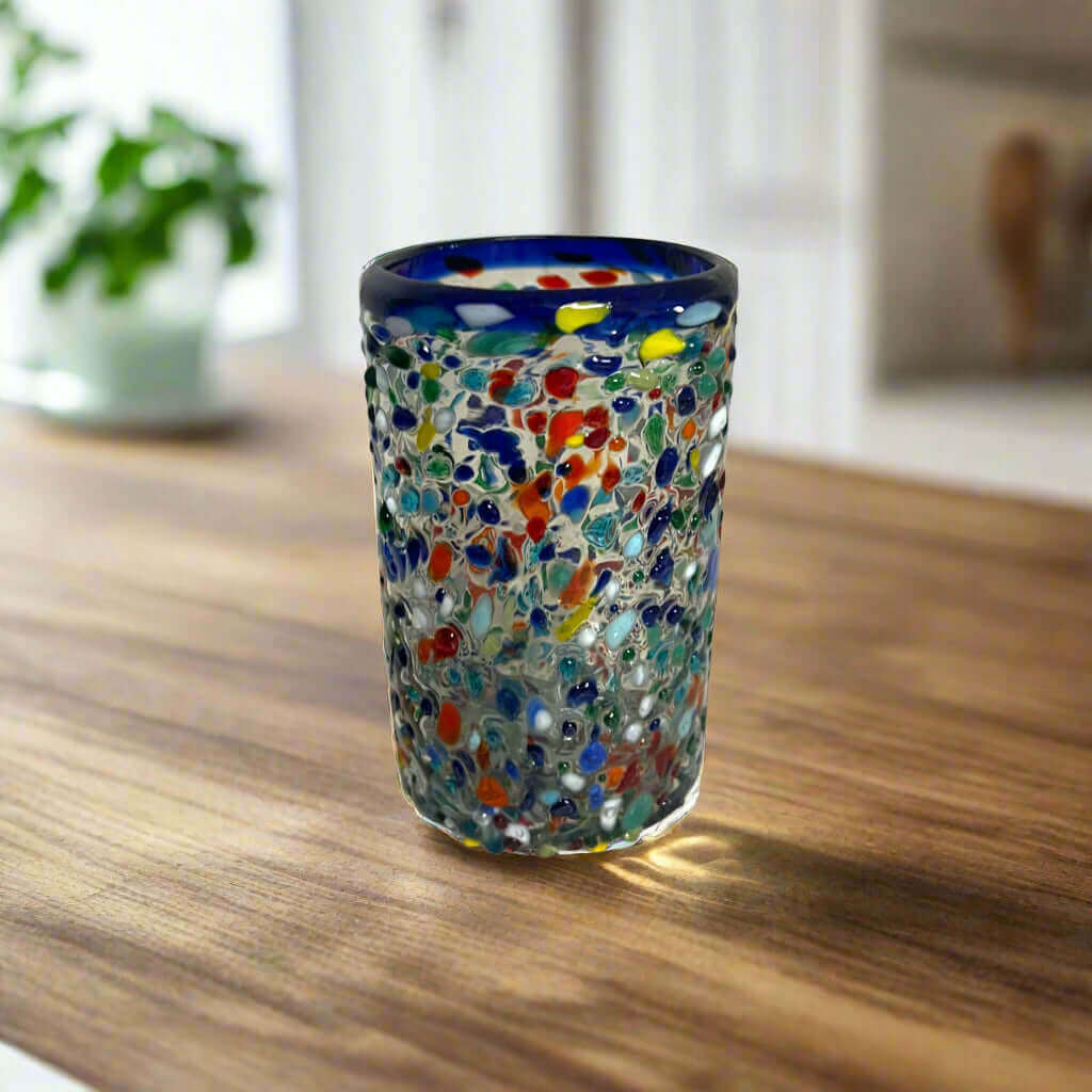 Confetti Pebbled Glass | Blue Rim Hand - Blown Mexican Tumbler Mexican Drinking Glass La Vie Bien Confetti Pebbled Glass | Blue Rim Hand - Blown Mexican Tumbler
