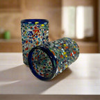 Confetti Pebbled Glass | Blue Rim Hand - Blown Mexican Tumbler Mexican Drinking Glass La Vie Bien Confetti Pebbled Glass | Blue Rim Hand - Blown Mexican Tumbler