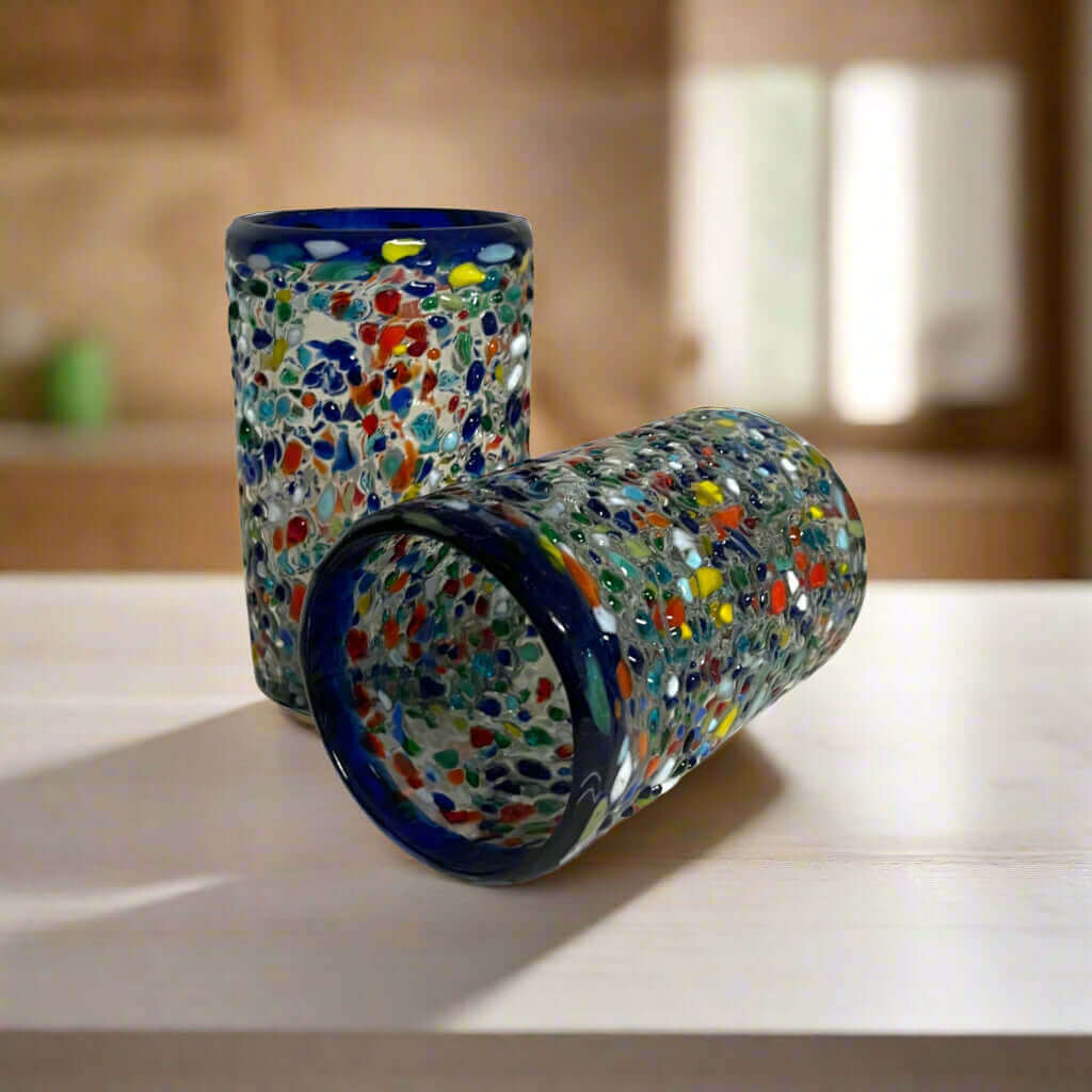 Confetti Pebbled Glass | Blue Rim Hand - Blown Mexican Tumbler Mexican Drinking Glass La Vie Bien Confetti Pebbled Glass | Blue Rim Hand - Blown Mexican Tumbler