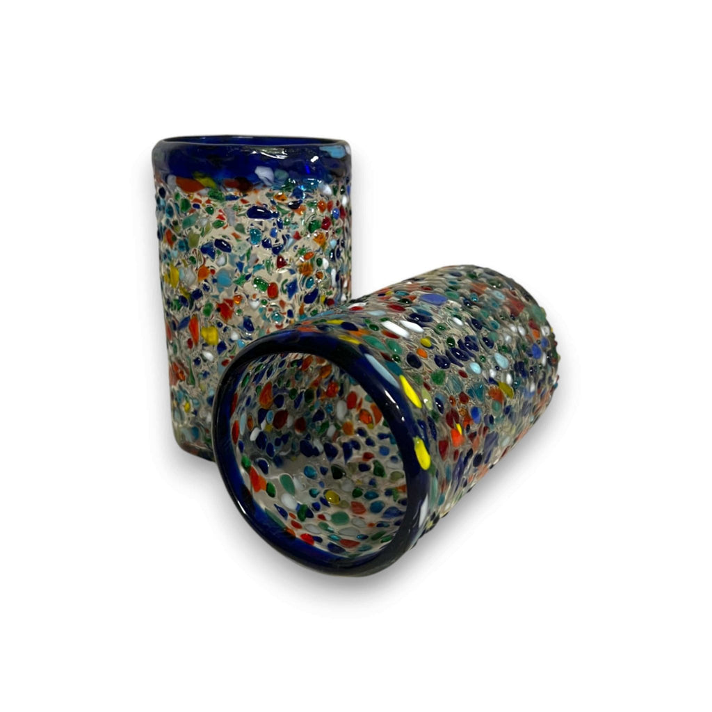 Confetti Pebbled Glass | Blue Rim Hand-Blown Mexican Tumbler Mexican Drinking Glass La Vie Bien Confetti Pebbled Glass | Blue Rim Hand-Blown Mexican Tumbler