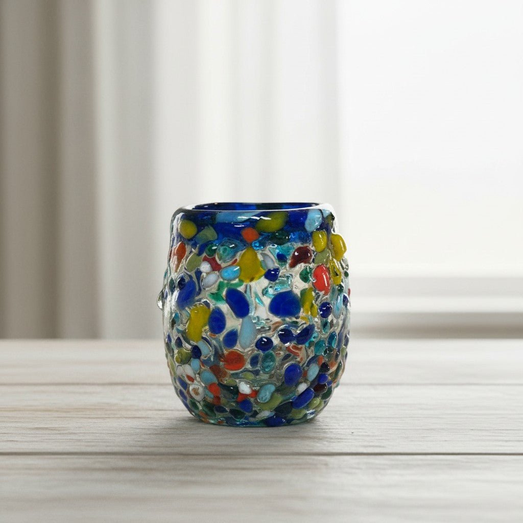 Confetti Rimmed Shot Glass | Hand-Blown Mexican Glassware with Blue Rim Mexican Shot Glass La Vie Bien Confetti Rimmed Shot Glass | Hand-Blown Mexican Glassware with Blue Rim