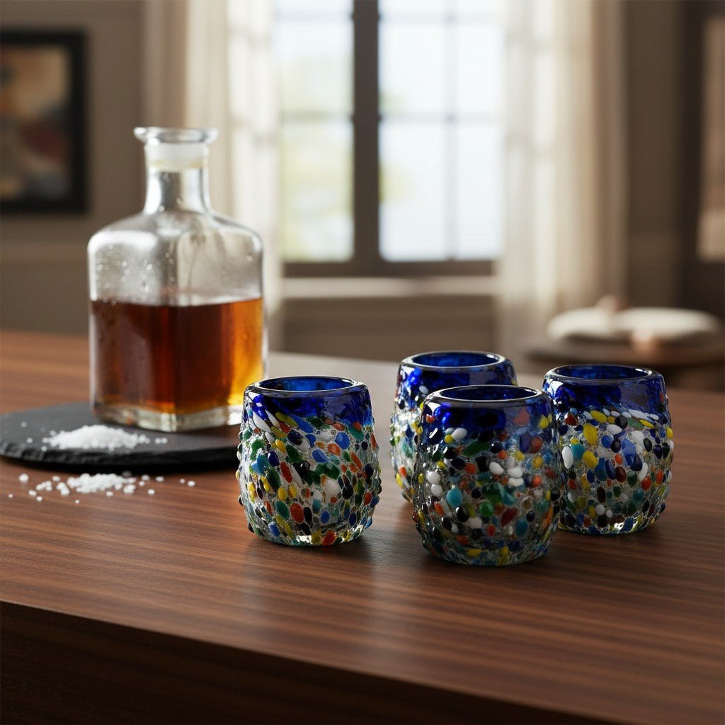 Confetti Rimmed Shot Glass | Hand-Blown Mexican Glassware with Blue Rim Mexican Shot Glass La Vie Bien Confetti Rimmed Shot Glass | Hand-Blown Mexican Glassware with Blue Rim