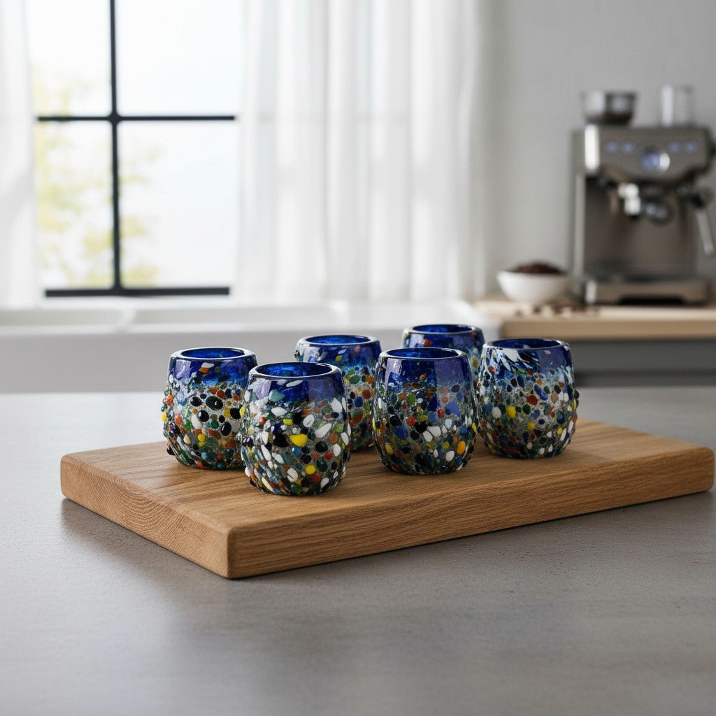Confetti Rimmed Shot Glass | Hand-Blown Mexican Glassware with Blue Rim Mexican Shot Glass La Vie Bien Confetti Rimmed Shot Glass | Hand-Blown Mexican Glassware with Blue Rim
