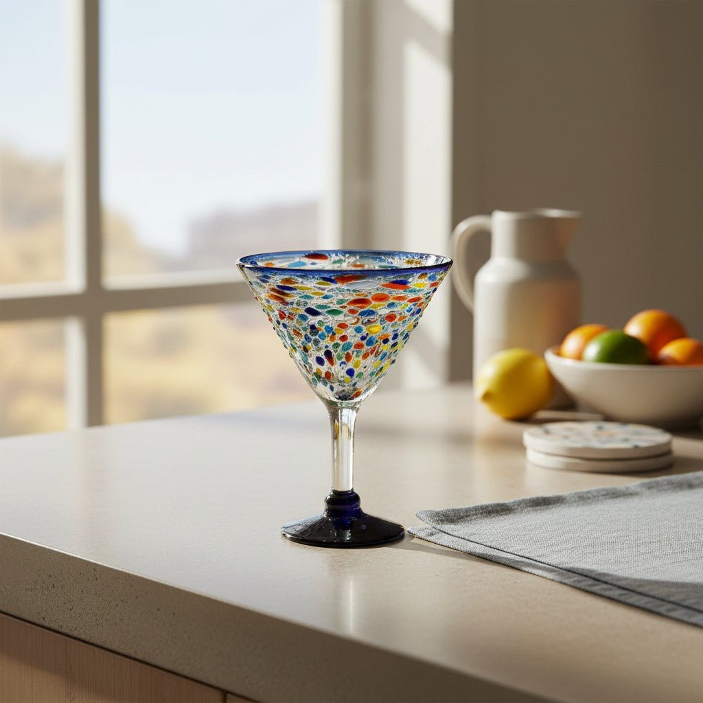 Confetti Rock Martini Glass with Blue Rim | Hand-Blown Mexican Barware Mexican Margarita Glass La Vie Bien Confetti Rock Martini Glass with Blue Rim | Hand-Blown Mexican Barware