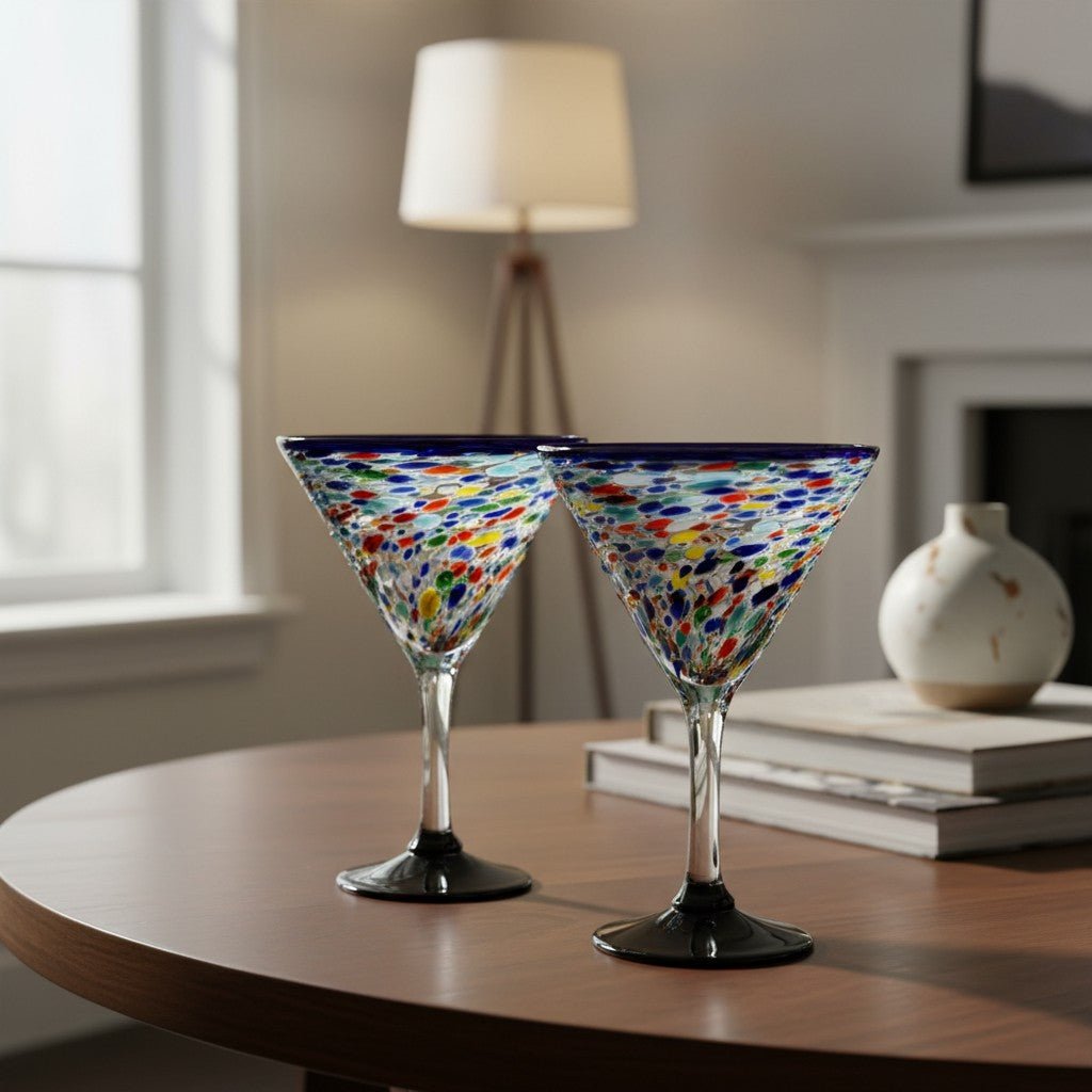 Confetti Rock Martini Glass with Blue Rim | Hand-Blown Mexican Barware Mexican Margarita Glass La Vie Bien Confetti Rock Martini Glass with Blue Rim | Hand-Blown Mexican Barware