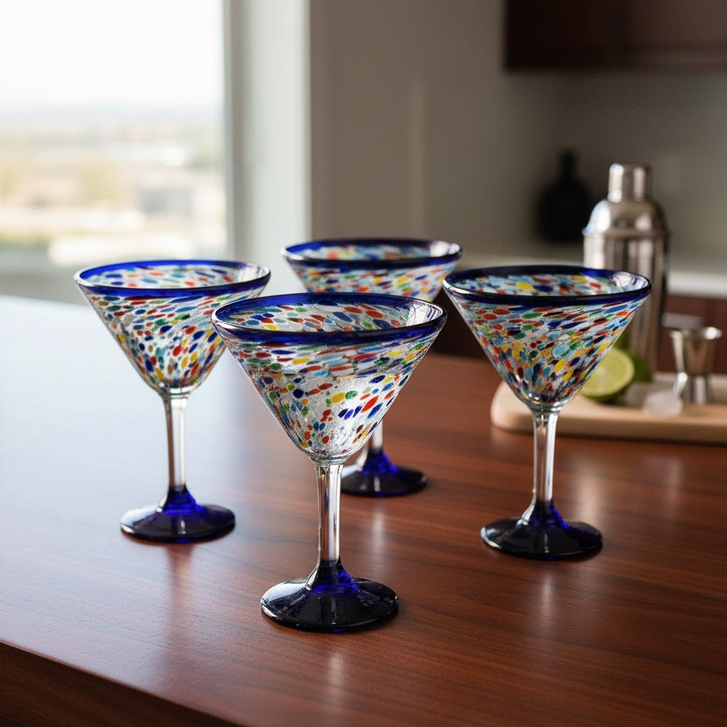 Confetti Rock Martini Glass with Blue Rim | Hand-Blown Mexican Barware Mexican Margarita Glass La Vie Bien Confetti Rock Martini Glass with Blue Rim | Hand-Blown Mexican Barware