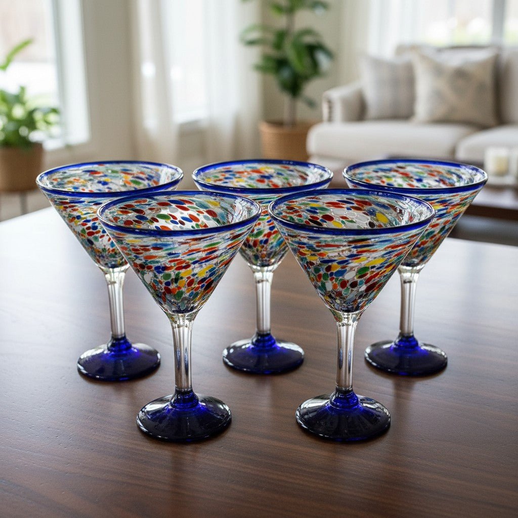 Confetti Rock Martini Glass with Blue Rim | Hand-Blown Mexican Barware Mexican Margarita Glass La Vie Bien Confetti Rock Martini Glass with Blue Rim | Hand-Blown Mexican Barware