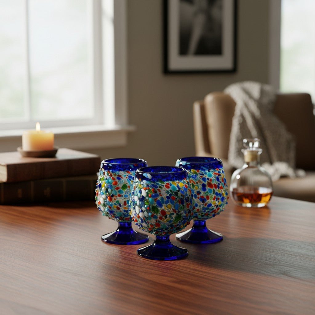 Confetti Rock Shot Glass | Blue Rim Cognac Style Mexican Shot Glass La Vie Bien Confetti Rock Shot Glass | Blue Rim Cognac Style