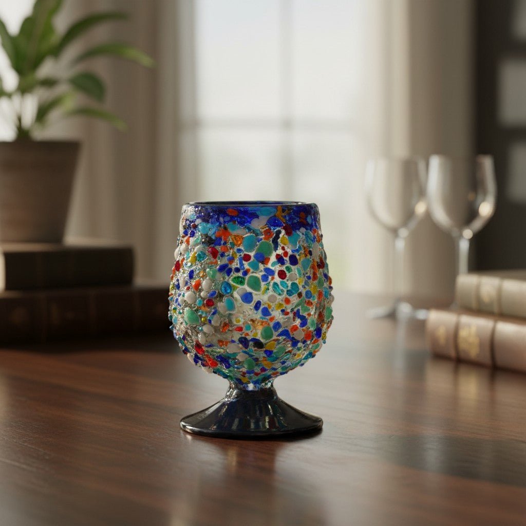 Confetti Rock Shot Glass | Blue Rim Cognac Style Mexican Shot Glass La Vie Bien Confetti Rock Shot Glass | Blue Rim Cognac Style