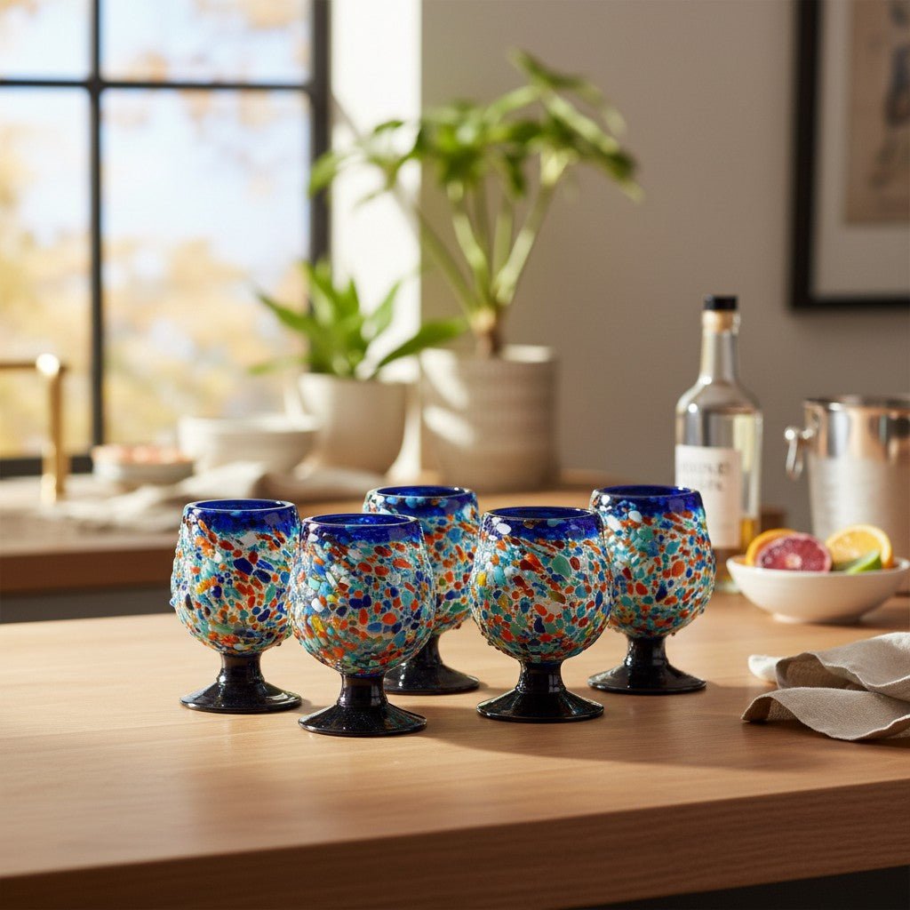 Confetti Rock Shot Glass | Blue Rim Cognac Style Mexican Shot Glass La Vie Bien Confetti Rock Shot Glass | Blue Rim Cognac Style