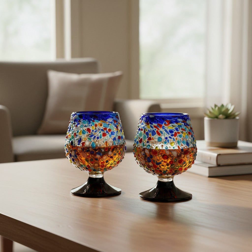 Confetti Rock Shot Glass | Blue Rim Cognac Style Mexican Shot Glass La Vie Bien Confetti Rock Shot Glass | Blue Rim Cognac Style