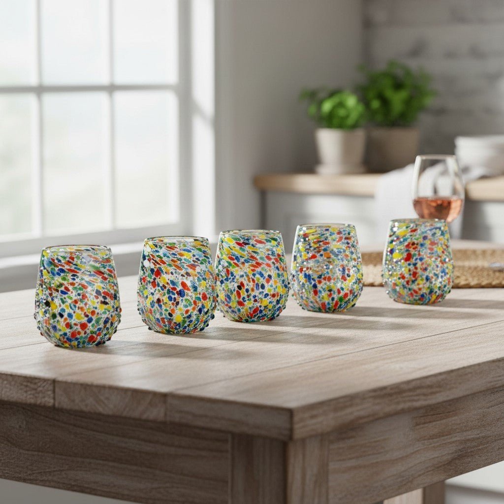 Confetti Stemless Wine Glass | Hand-Blown Mexican Pebbled Cup Mexican Wine Glass La Vie Bien Confetti Stemless Wine Glass | Hand-Blown Mexican Pebbled Cup
