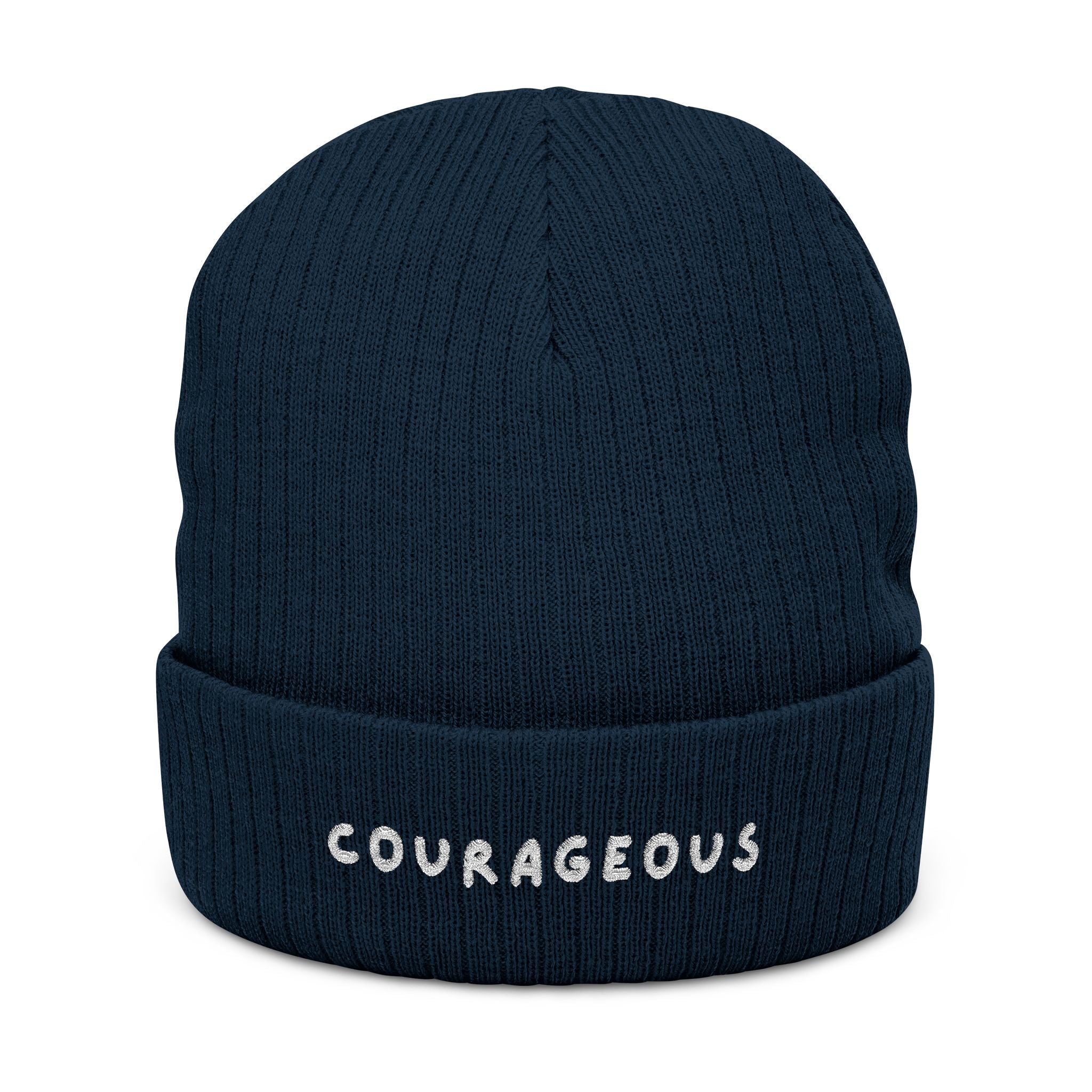 Courageous Embroidered Ribbed Beanie – Cozy Knit Winter Hat with 'COURAGEOUS' Text Hats La Vie Bien Courageous Embroidered Ribbed Beanie – Cozy Knit Winter Hat with 'COURAGEOUS' Text