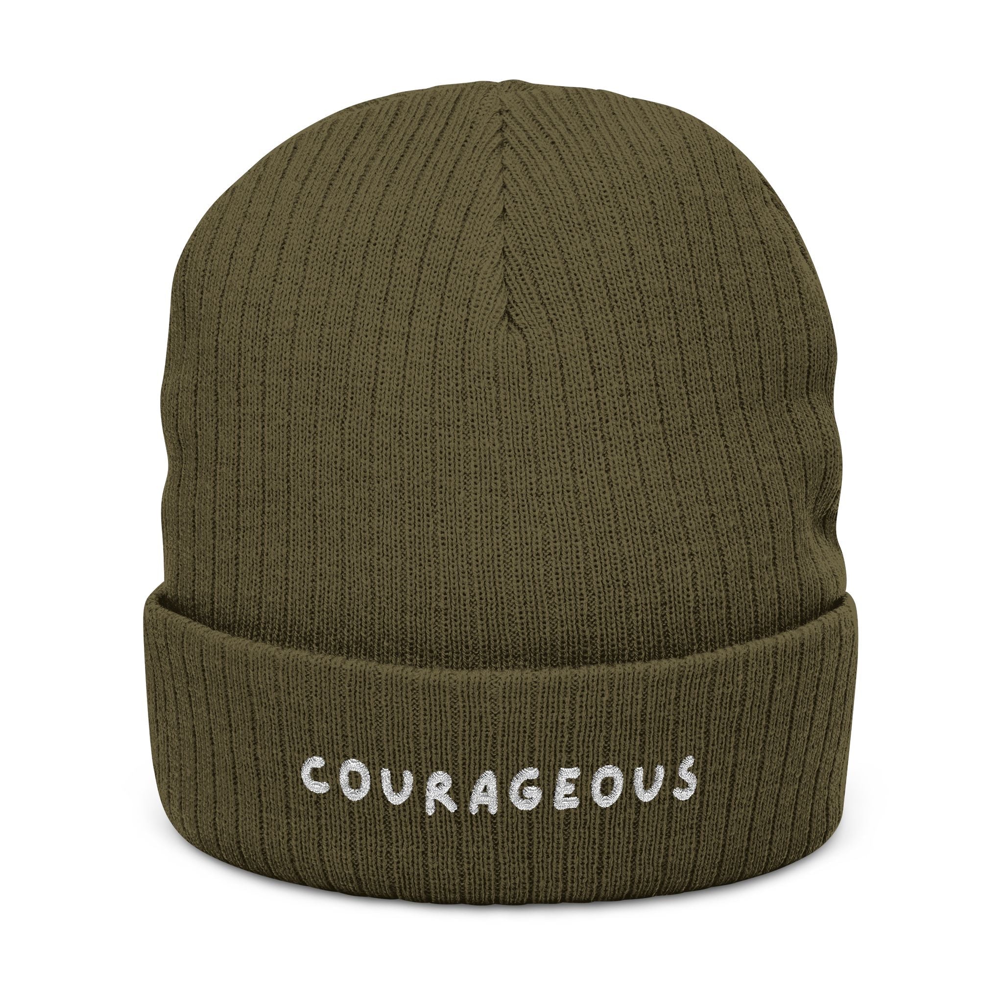 Courageous Embroidered Ribbed Beanie – Cozy Knit Winter Hat with 'COURAGEOUS' Text Hats La Vie Bien Courageous Embroidered Ribbed Beanie – Cozy Knit Winter Hat with 'COURAGEOUS' Text