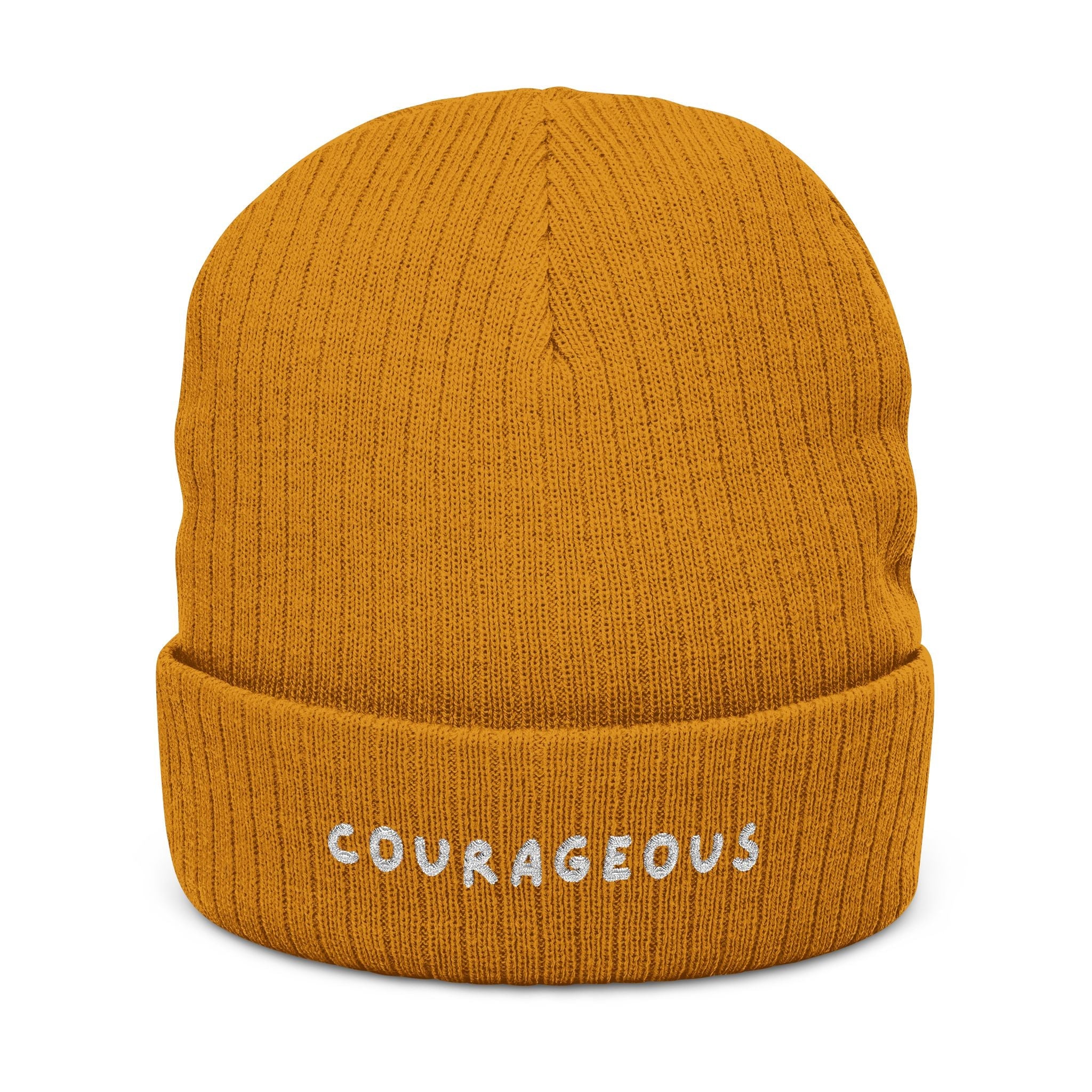 Courageous Embroidered Ribbed Beanie – Cozy Knit Winter Hat with 'COURAGEOUS' Text Hats La Vie Bien Courageous Embroidered Ribbed Beanie – Cozy Knit Winter Hat with 'COURAGEOUS' Text