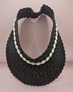 Cowrie Shell Woven Palm Leaf Visor – Handmade Straw Sun Hat with Elastic Band | Black, Blue, Green, or Yellow