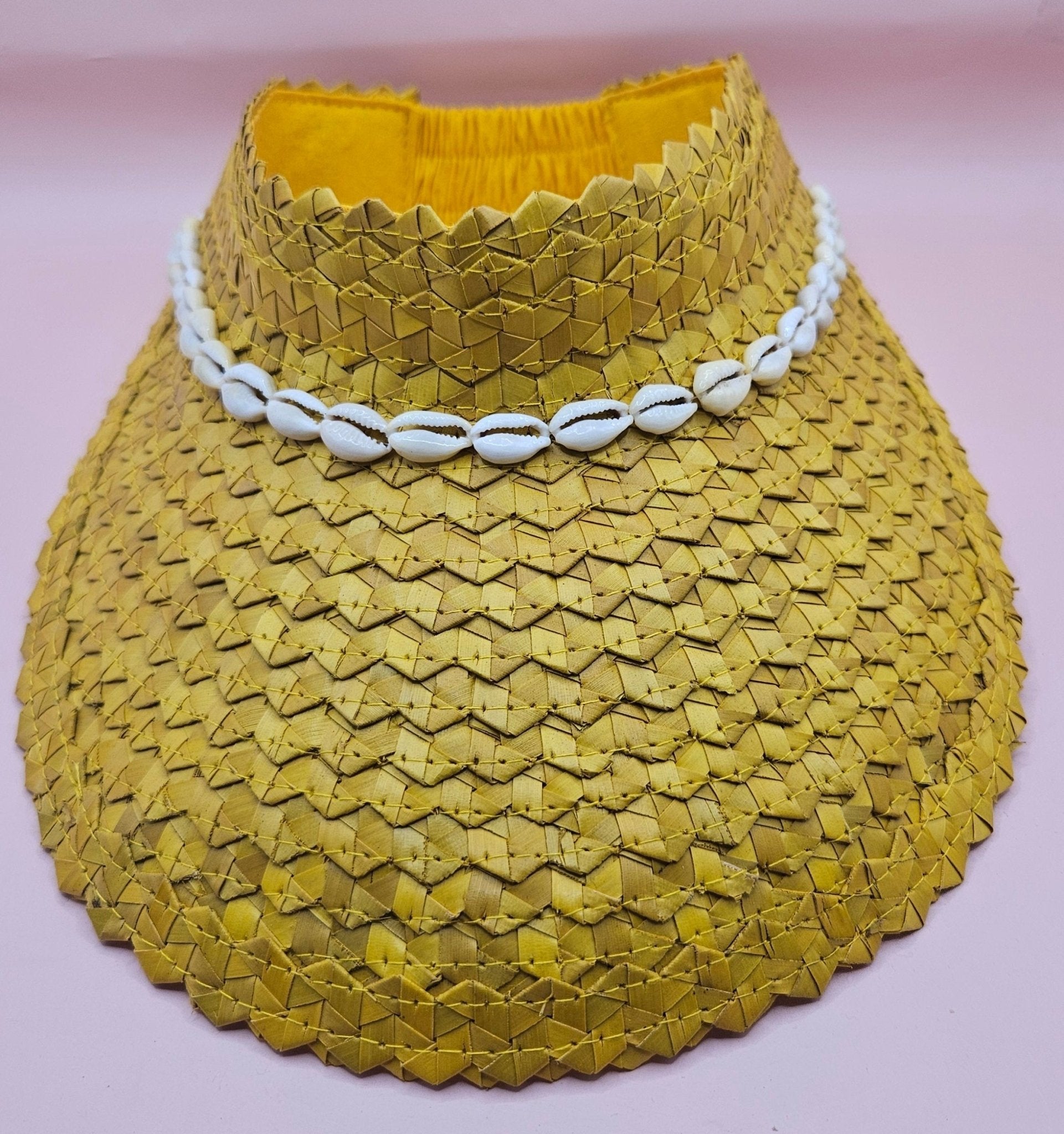 Cowrie Shell Woven Palm Leaf Visor – Handmade Straw Sun Hat with Elastic Band | Black, Blue, Green, or Yellow Hats La Vie Bien Cowrie Shell Woven Palm Leaf Visor – Handmade Straw Sun Hat with Elastic Band | Black, Blue, Green, or Yellow