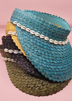 Cowrie Shell Woven Palm Leaf Visor – Handmade Straw Sun Hat with Elastic Band | Black, Blue, Green, or Yellow Hats La Vie Bien Cowrie Shell Woven Palm Leaf Visor – Handmade Straw Sun Hat with Elastic Band | Black, Blue, Green, or Yellow