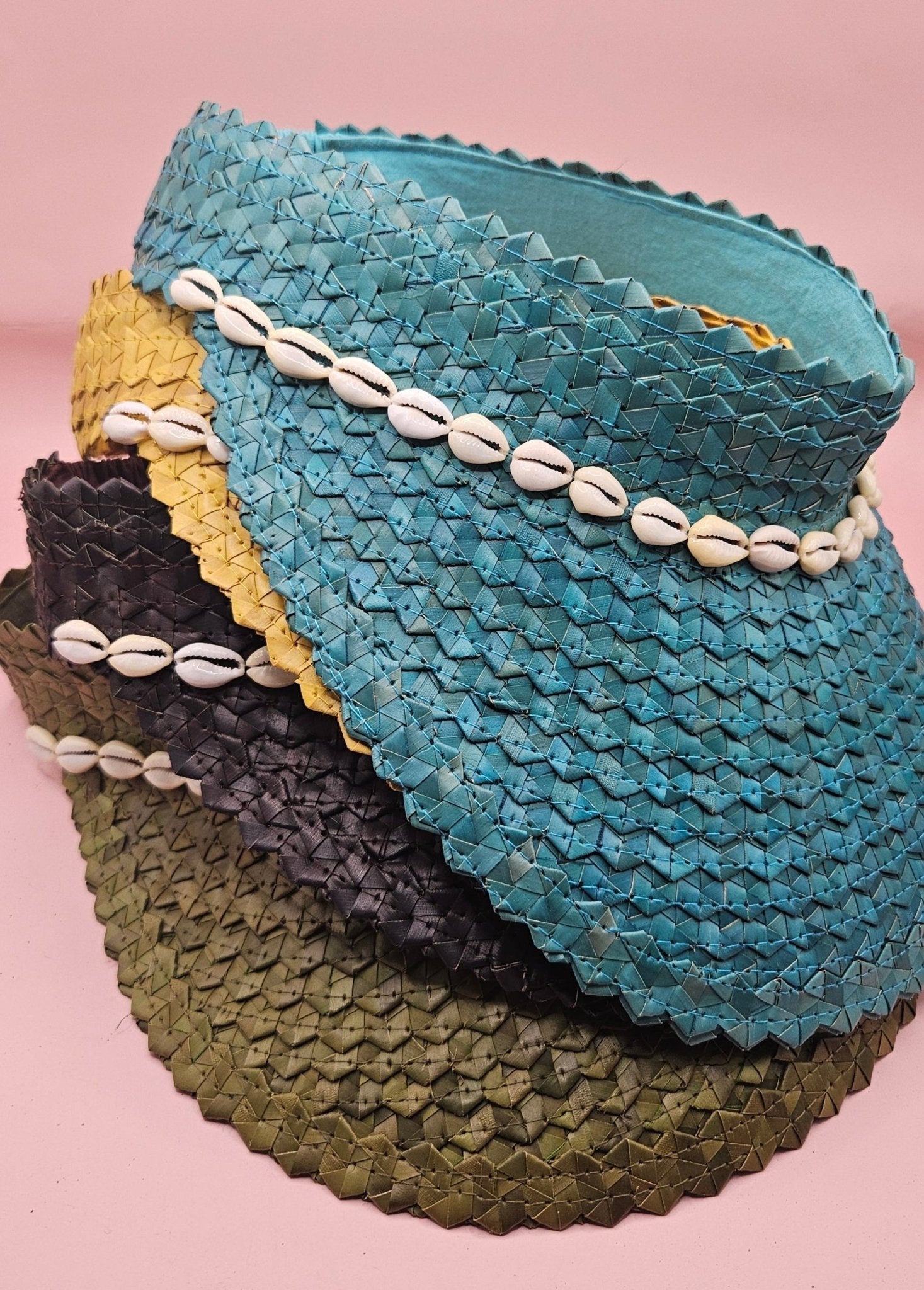 Cowrie Shell Woven Palm Leaf Visor – Handmade Straw Sun Hat with Elastic Band | Black, Blue, Green, or Yellow Hats La Vie Bien Cowrie Shell Woven Palm Leaf Visor – Handmade Straw Sun Hat with Elastic Band | Black, Blue, Green, or Yellow
