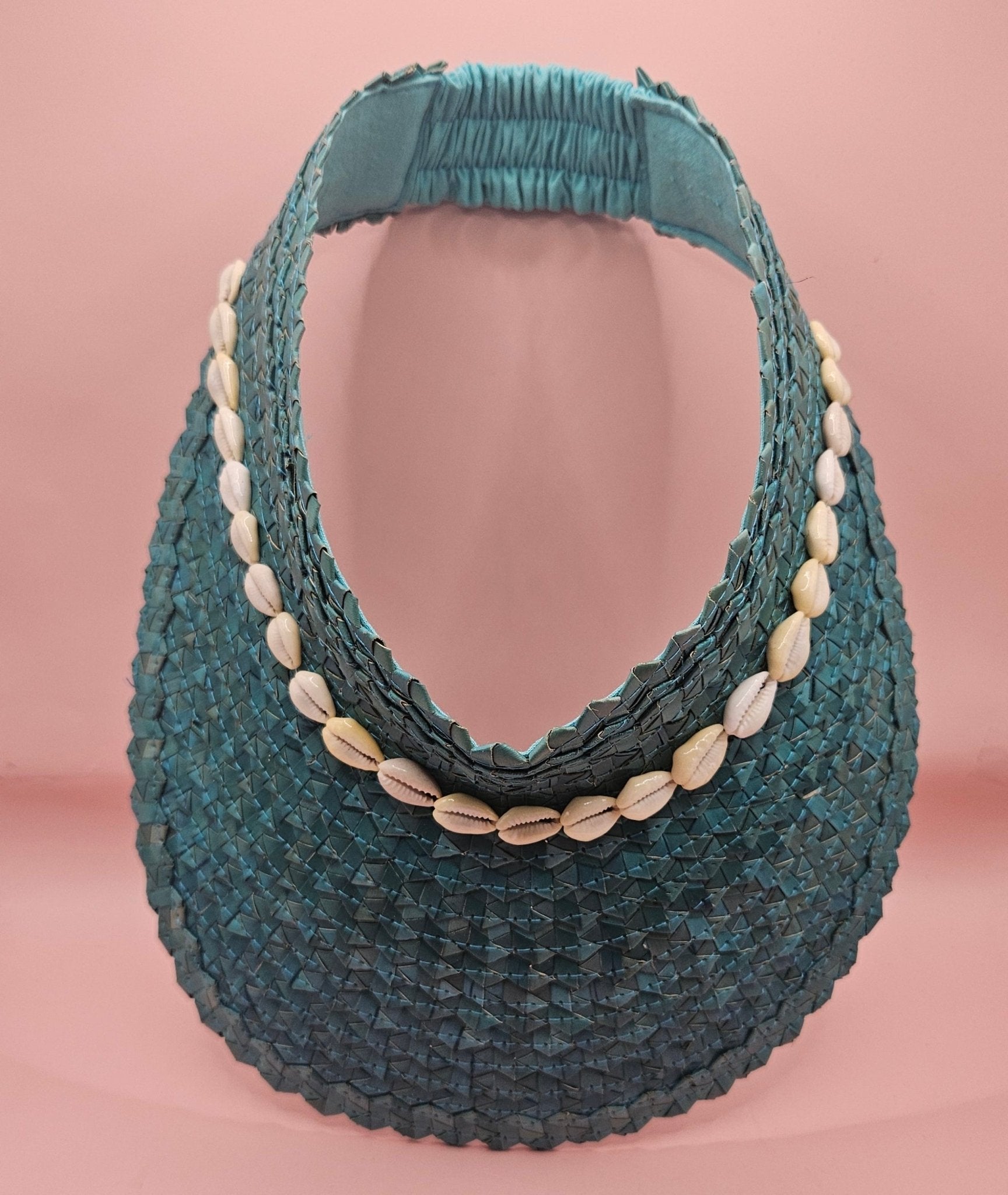 Cowrie Shell Woven Palm Leaf Visor – Handmade Straw Sun Hat with Elastic Band | Black, Blue, Green, or Yellow Hats La Vie Bien Cowrie Shell Woven Palm Leaf Visor – Handmade Straw Sun Hat with Elastic Band | Black, Blue, Green, or Yellow