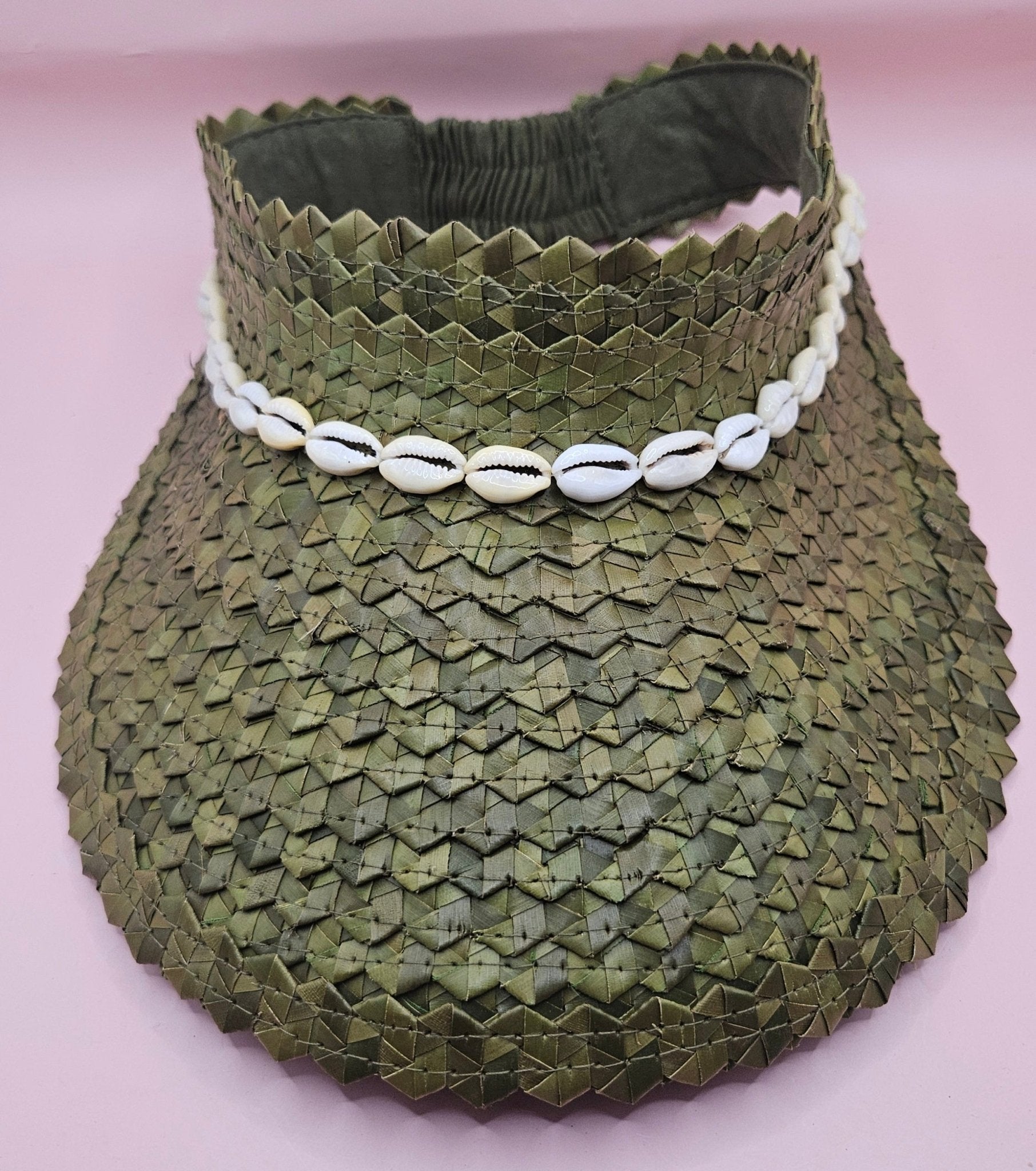 Cowrie Shell Woven Palm Leaf Visor – Handmade Straw Sun Hat with Elastic Band | Black, Blue, Green, or Yellow Hats La Vie Bien Cowrie Shell Woven Palm Leaf Visor – Handmade Straw Sun Hat with Elastic Band | Black, Blue, Green, or Yellow