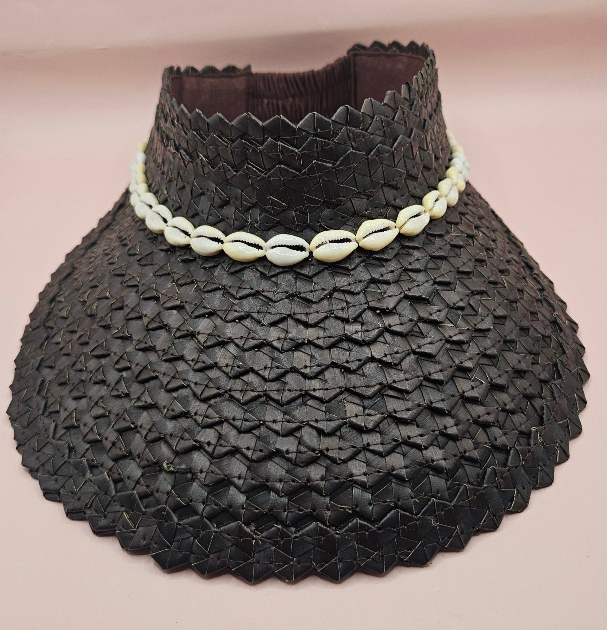Cowrie Shell Woven Palm Leaf Visor – Handmade Straw Sun Hat with Elastic Band | Black, Blue, Green, or Yellow Hats La Vie Bien Cowrie Shell Woven Palm Leaf Visor – Handmade Straw Sun Hat with Elastic Band | Black, Blue, Green, or Yellow