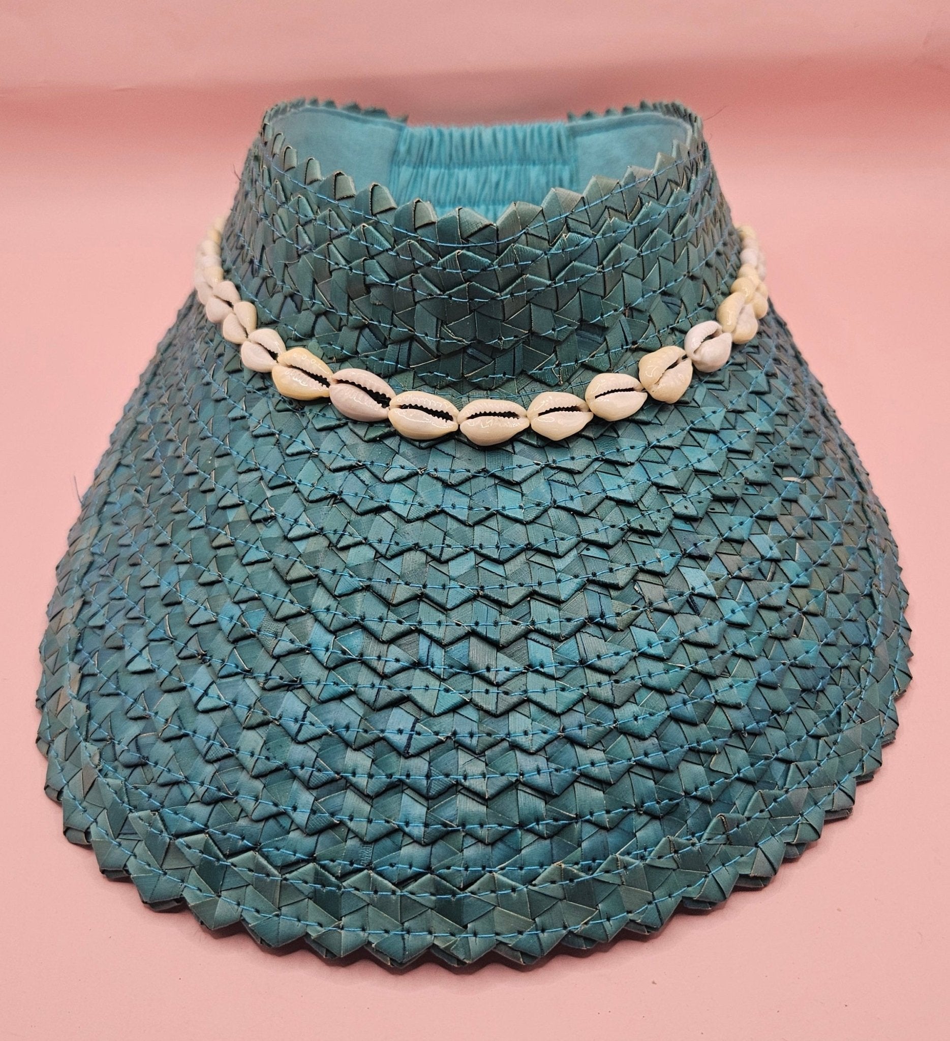 Cowrie Shell Woven Palm Leaf Visor – Handmade Straw Sun Hat with Elastic Band | Black, Blue, Green, or Yellow Hats La Vie Bien Cowrie Shell Woven Palm Leaf Visor – Handmade Straw Sun Hat with Elastic Band | Black, Blue, Green, or Yellow