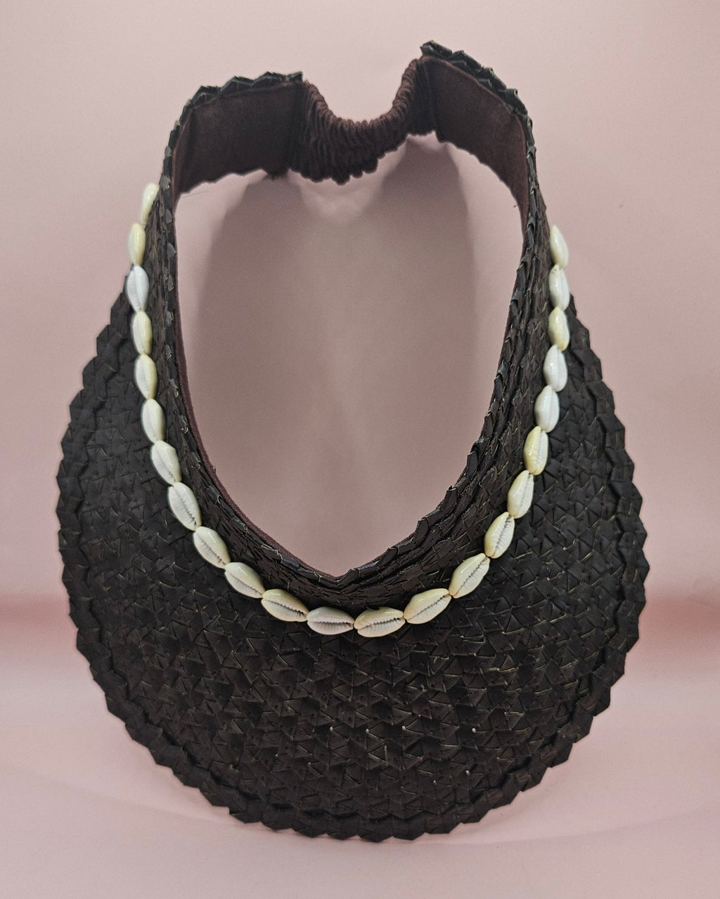 Cowrie Shell Woven Palm Leaf Visor – Handmade Straw Sun Hat with Elastic Band | Black, Blue, Green, or Yellow Hats La Vie Bien Cowrie Shell Woven Palm Leaf Visor – Handmade Straw Sun Hat with Elastic Band | Black, Blue, Green, or Yellow