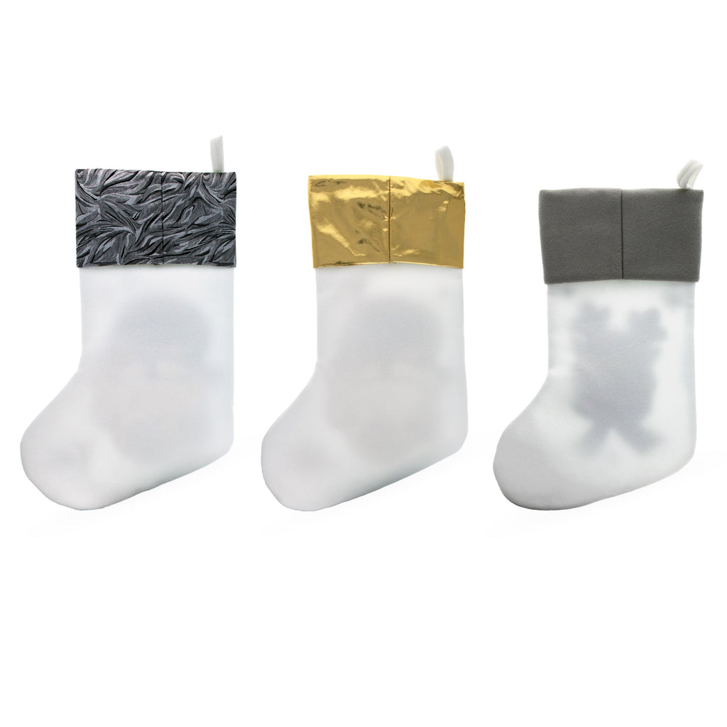 Set of 3 Gold and Silver, on White Felt Santa, Reindeer Christmas Stockings 15 Inches