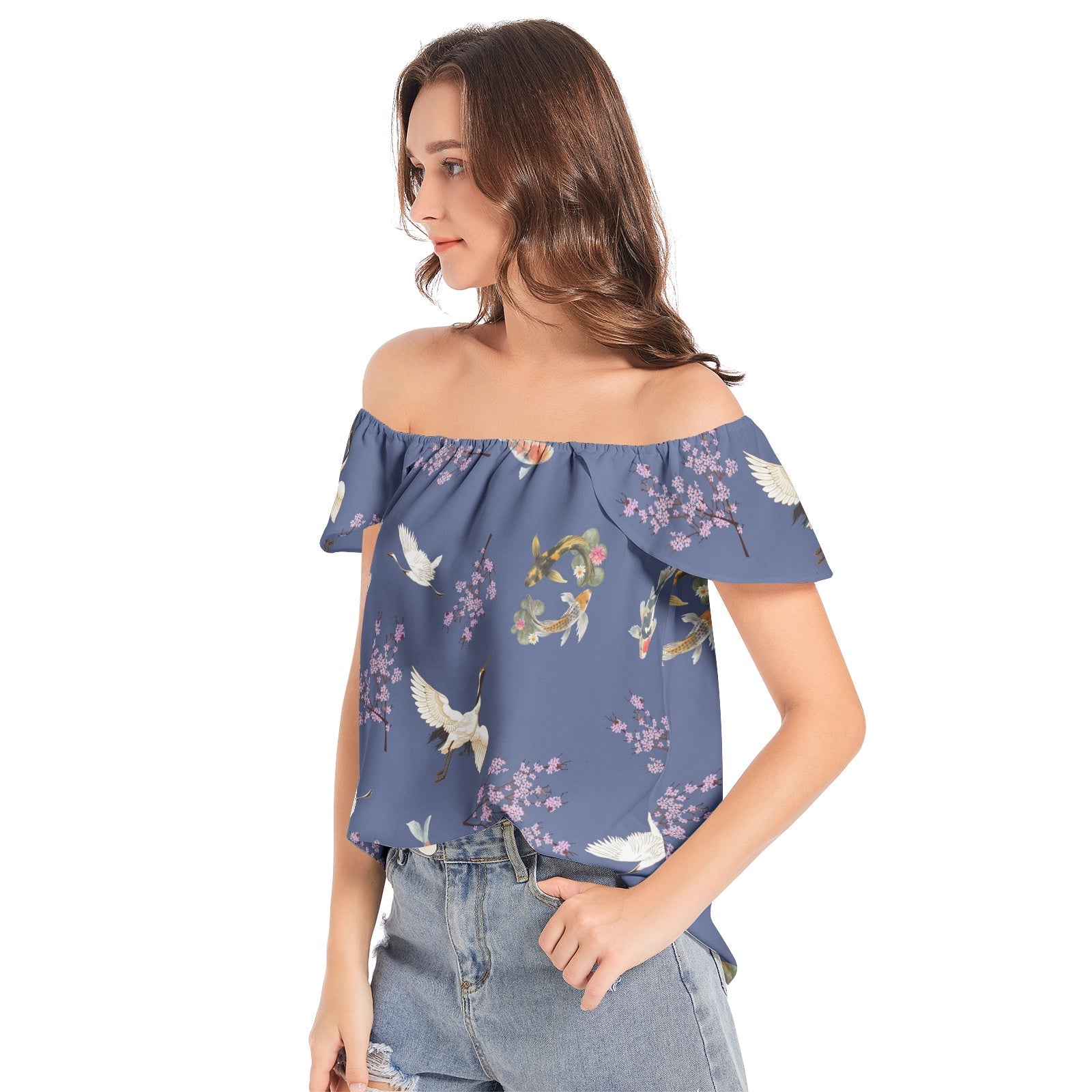 Cranes, Koi and Cherry Blossoms Women's Off The Shoulder Top "Sakura Dreams" - For summer date nights Blouse La Vie Bien Cranes, Koi and Cherry Blossoms Women's Off The Shoulder Top "Sakura Dreams" - For summer date nights