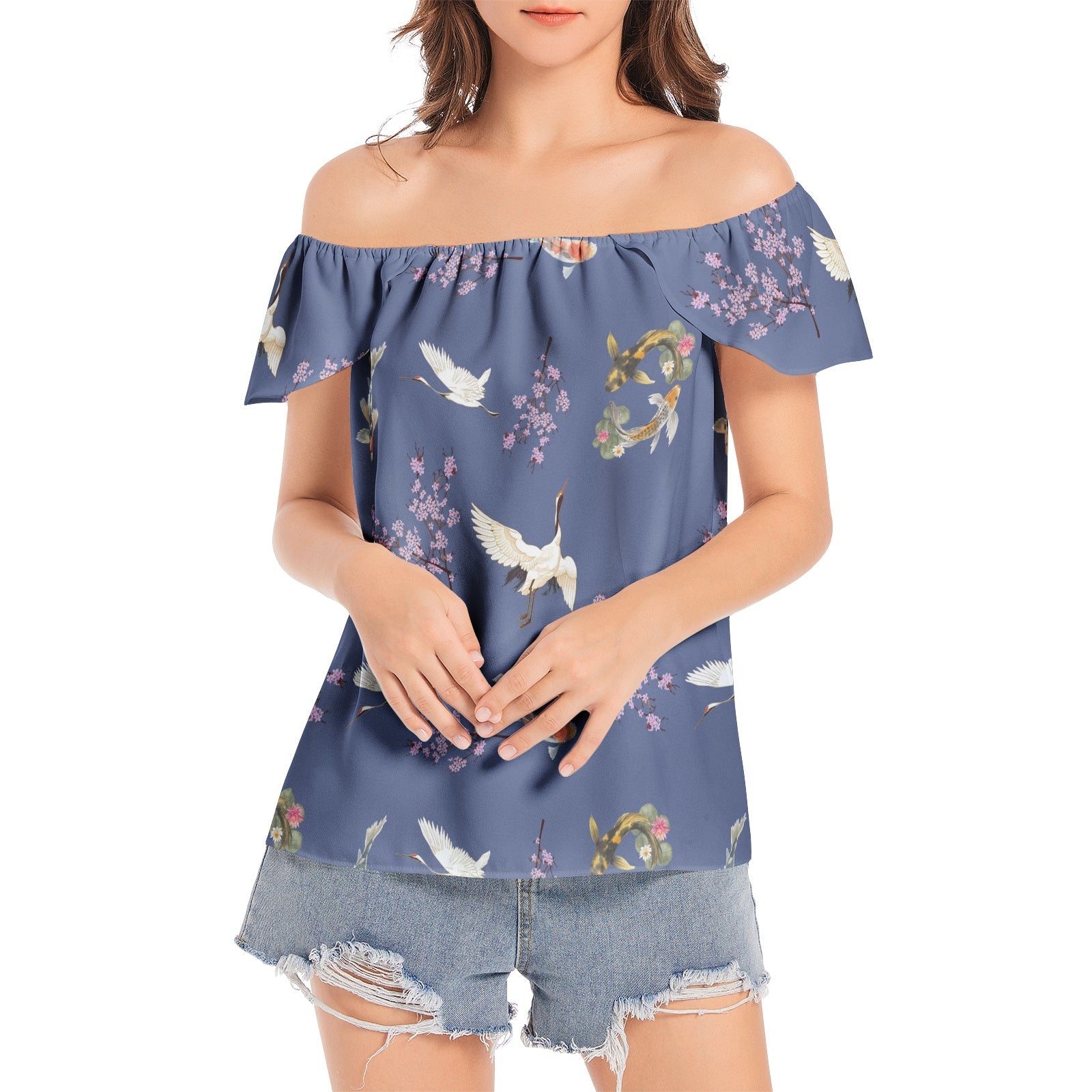 Cranes, Koi and Cherry Blossoms Women's Off The Shoulder Top "Sakura Dreams" - For summer date nights Blouse La Vie Bien Cranes, Koi and Cherry Blossoms Women's Off The Shoulder Top "Sakura Dreams" - For summer date nights