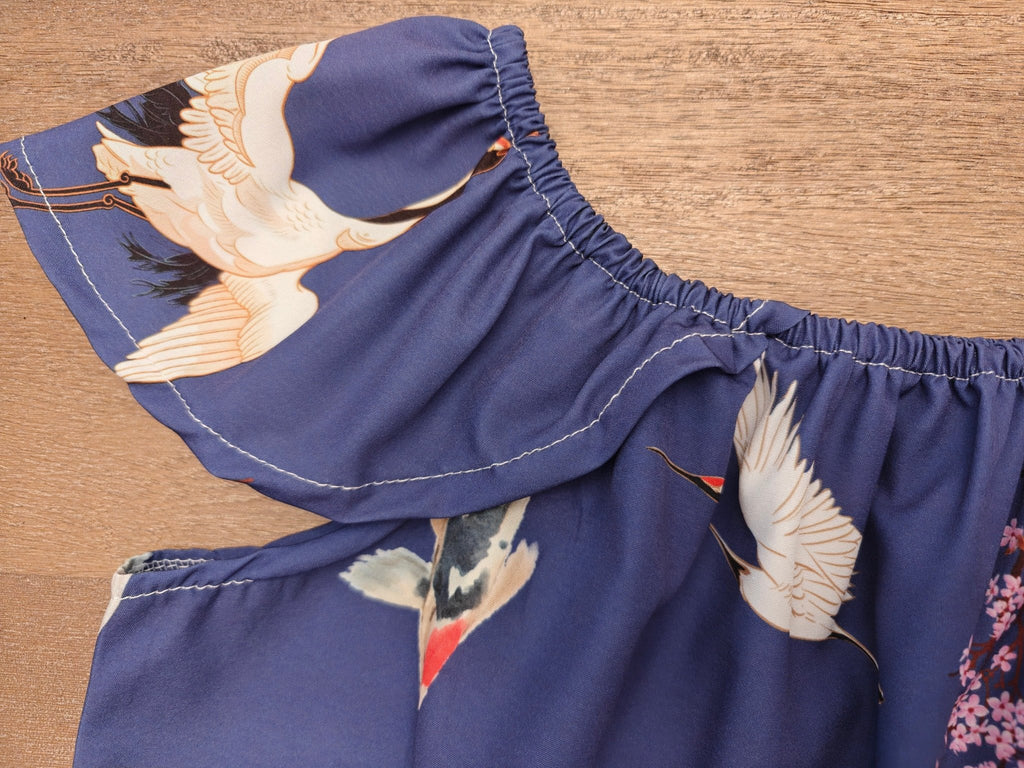 Cranes, Koi and Cherry Blossoms Women's Off The Shoulder Top "Sakura Dreams" - For summer date nights Blouse La Vie Bien Cranes, Koi and Cherry Blossoms Women's Off The Shoulder Top "Sakura Dreams" - For summer date nights