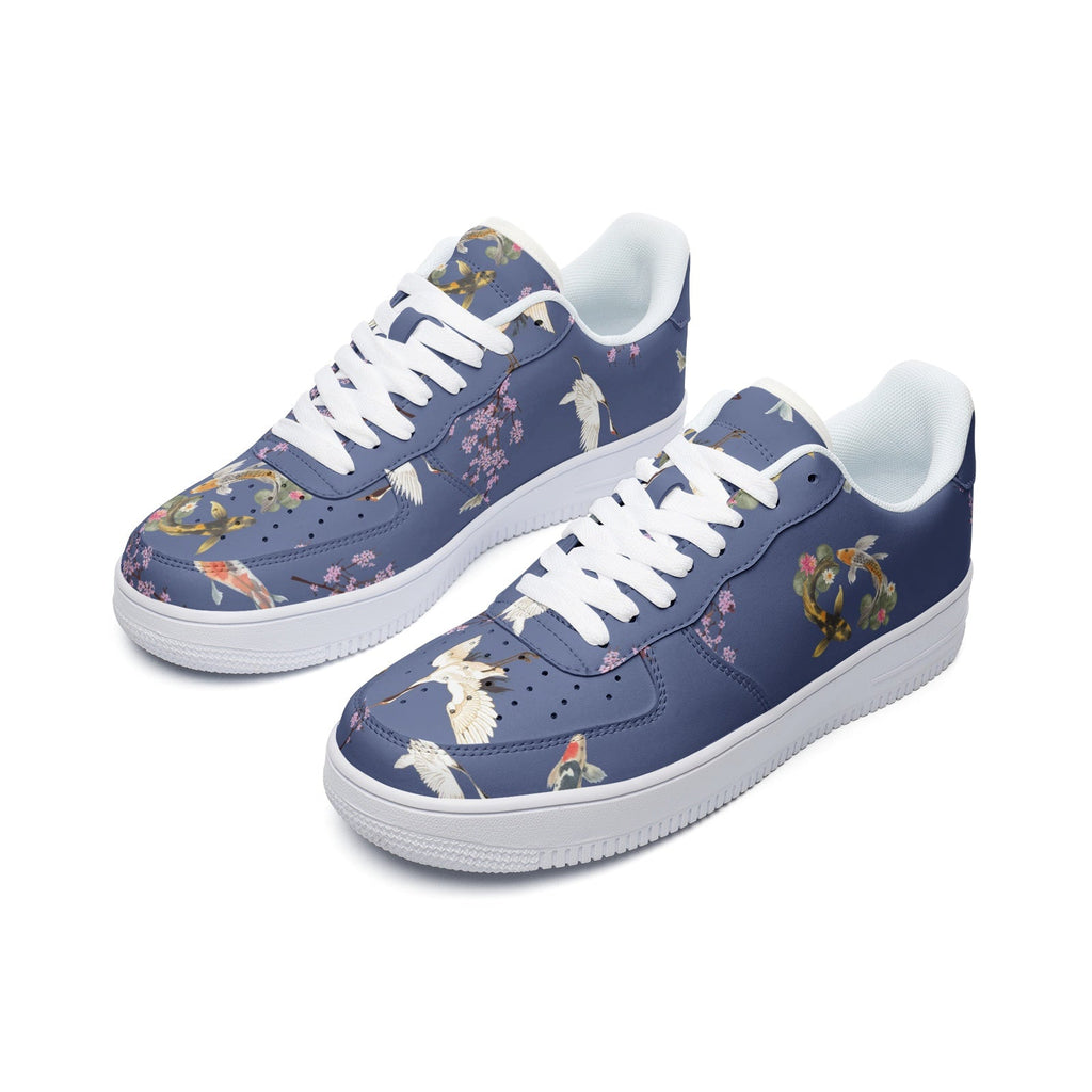 Cranes, koi fish, and cherry blossom indigo lace-up Unisex "Sakura Dreams" Low Top Leather Sneakers Shoes La Vie Bien Cranes, koi fish, and cherry blossom indigo lace-up Unisex "Sakura Dreams" Low Top Leather Sneakers