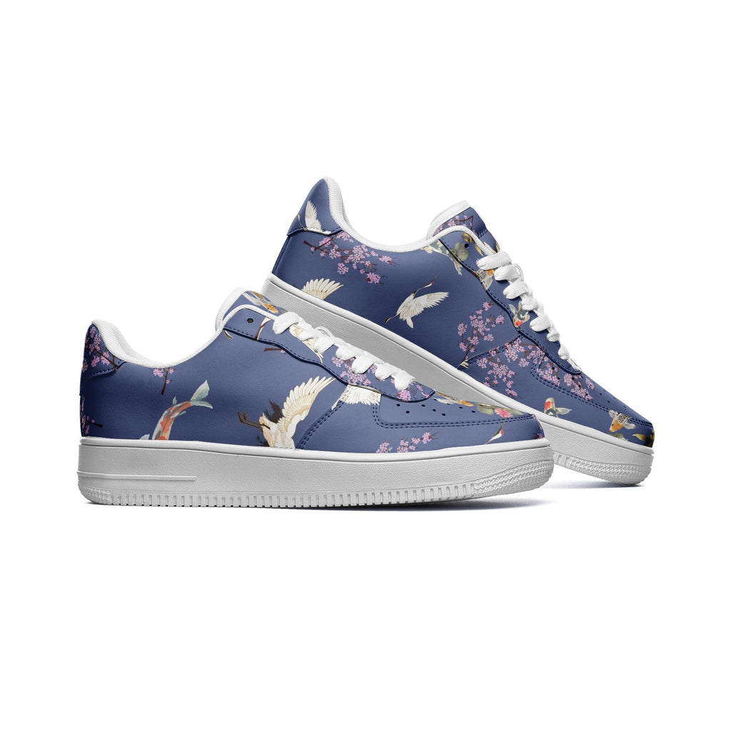 Cranes, koi fish, and cherry blossom indigo lace-up Unisex "Sakura Dreams" Low Top Leather Sneakers Shoes La Vie Bien Cranes, koi fish, and cherry blossom indigo lace-up Unisex "Sakura Dreams" Low Top Leather Sneakers